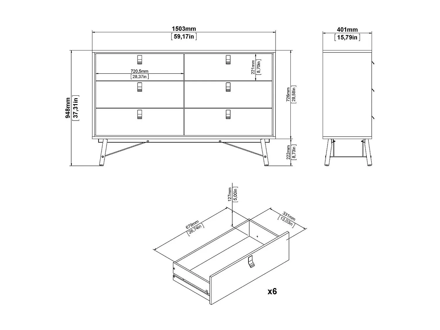 Aparador Dsalvett, Buffet de sala, Aparador de sala, Despensa de cozinha, 150x40 h95 cm, Carvalho