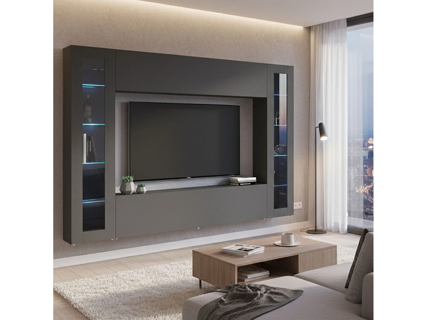 Dmora Wandmeubel Giuliano 30x260x180h cm Zwart Antraciet 11 Planken Kantel- en Klapdeuren, 4 Deuren Made in Italy