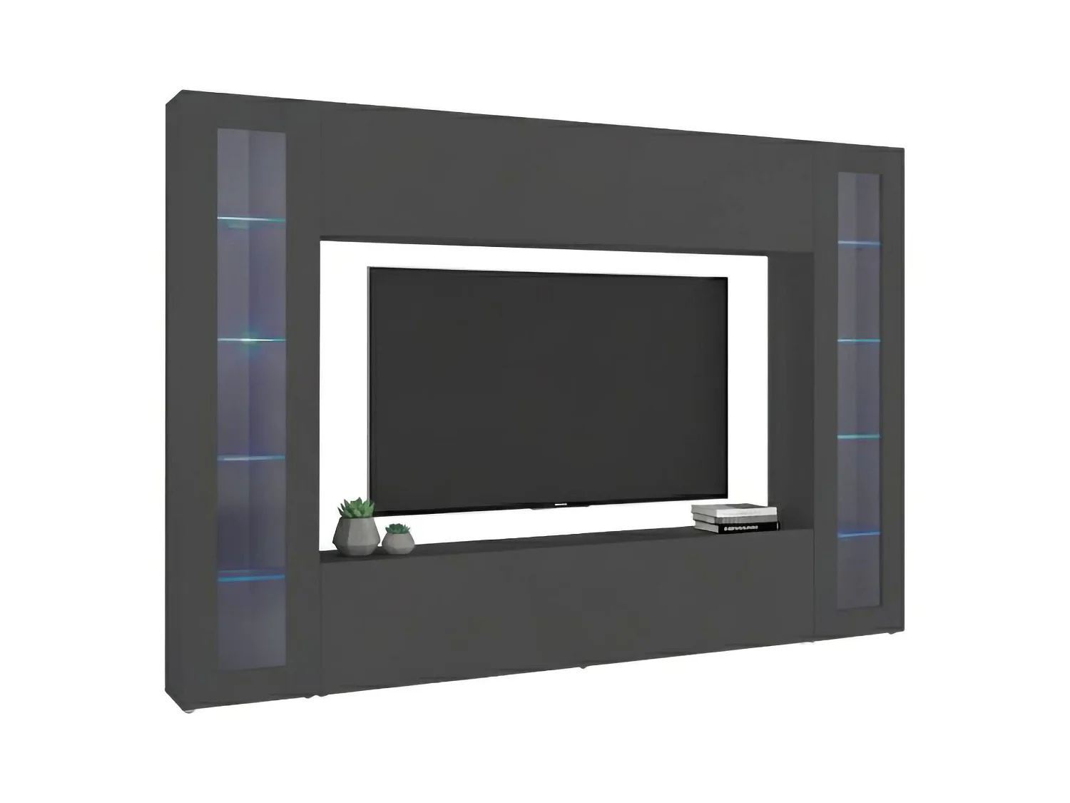 Pared Equipada Giuliano, Conjunto de alón Mueble de TV con 4 puerta, Mueble de alón polivalente con vitrina y luz LED, 100% Made in Italy, cm 260x30h180, Antracita