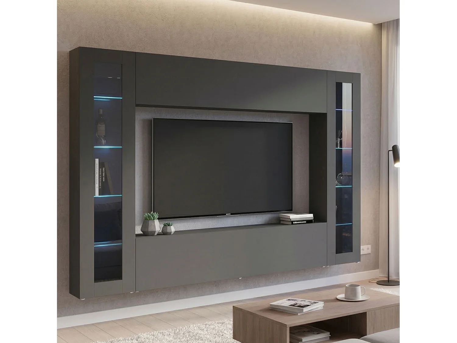 Dmora Wandmeubel Giuliano 30x260x180h cm Zwart Antraciet 11 Planken Kantel- en Klapdeuren, 4 Deuren Made in Italy