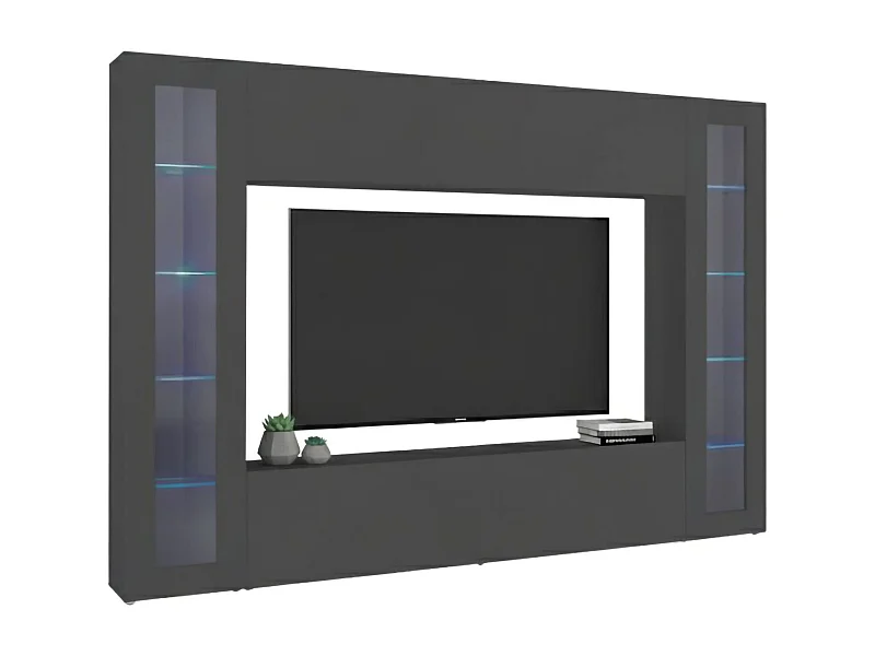 Élément mural Giuliano, meuble TV 4 portes, meuble de salon polyvalent avec vitrine et lumière LED, 100% Made in Italy, 260x30h180 cm, Anthracite