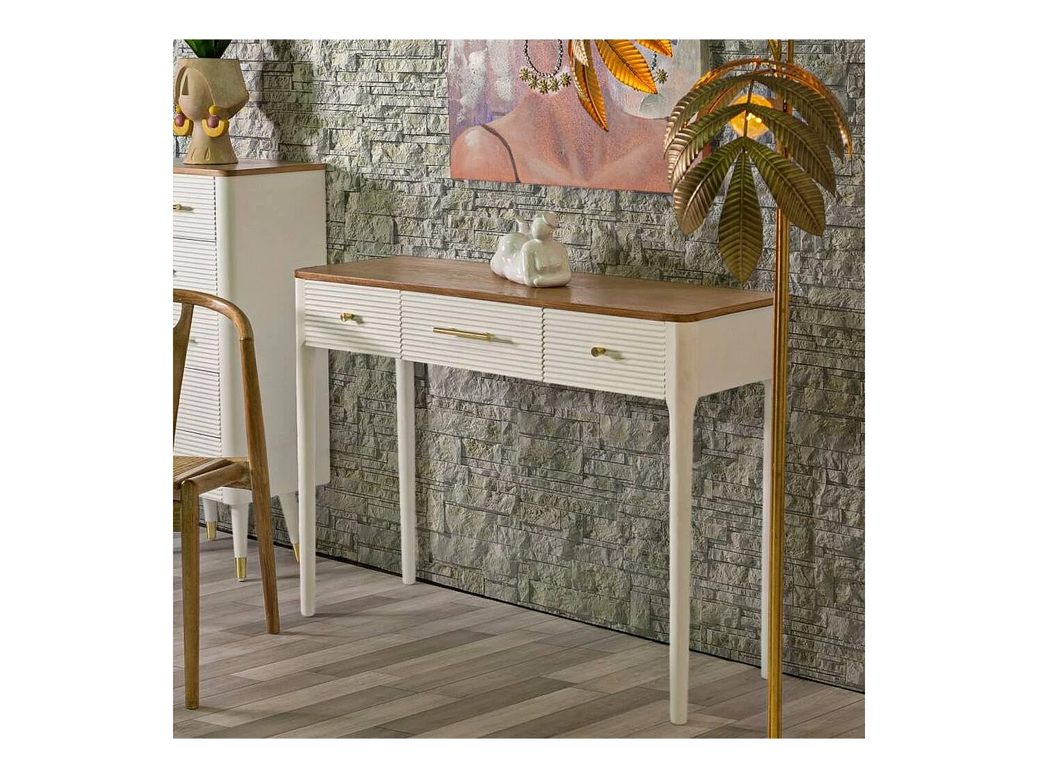 Crypto console, Multifunctionele tafel, Bijzetkast, Gangbureau, 107x37 h80 cm, Wit en Bruin