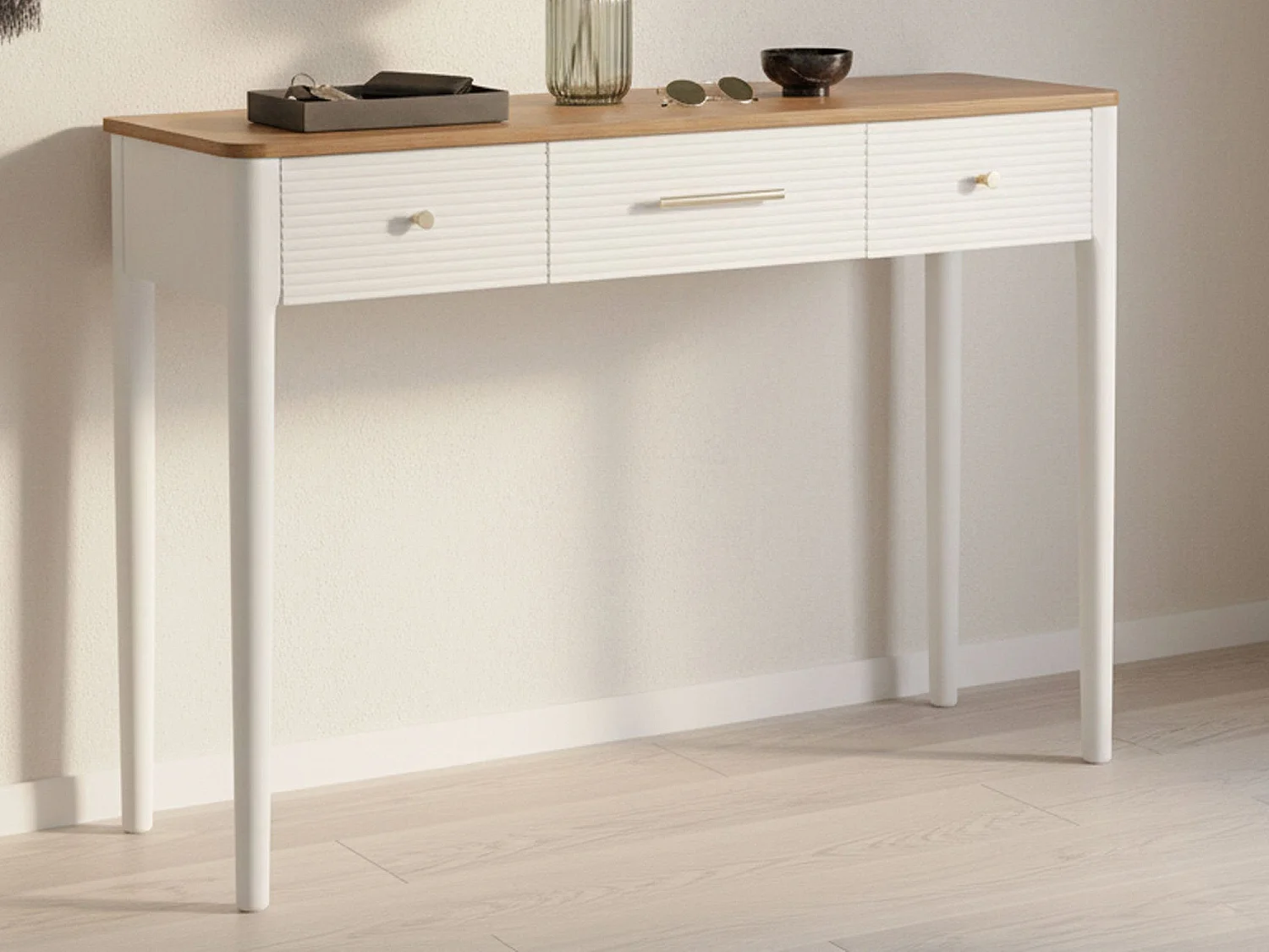 Crypto console, Multifunctionele tafel, Bijzetkast, Gangbureau, 107x37 h80 cm, Wit en Bruin
