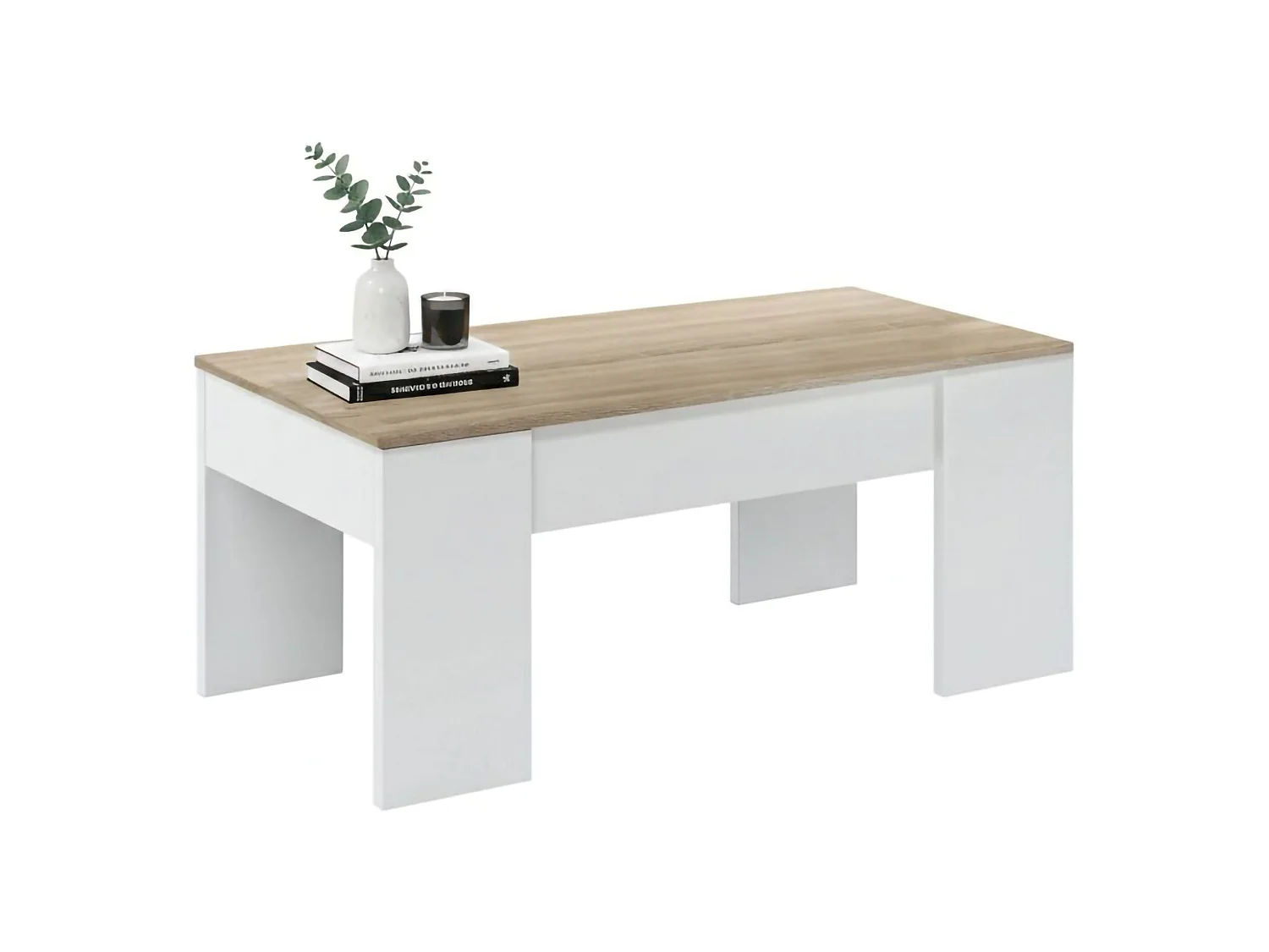 Table basse Dleal, Table basse avec plateau élévateur, Table basse de salon, 100x50h45/56 cm, Blanc et Chêne