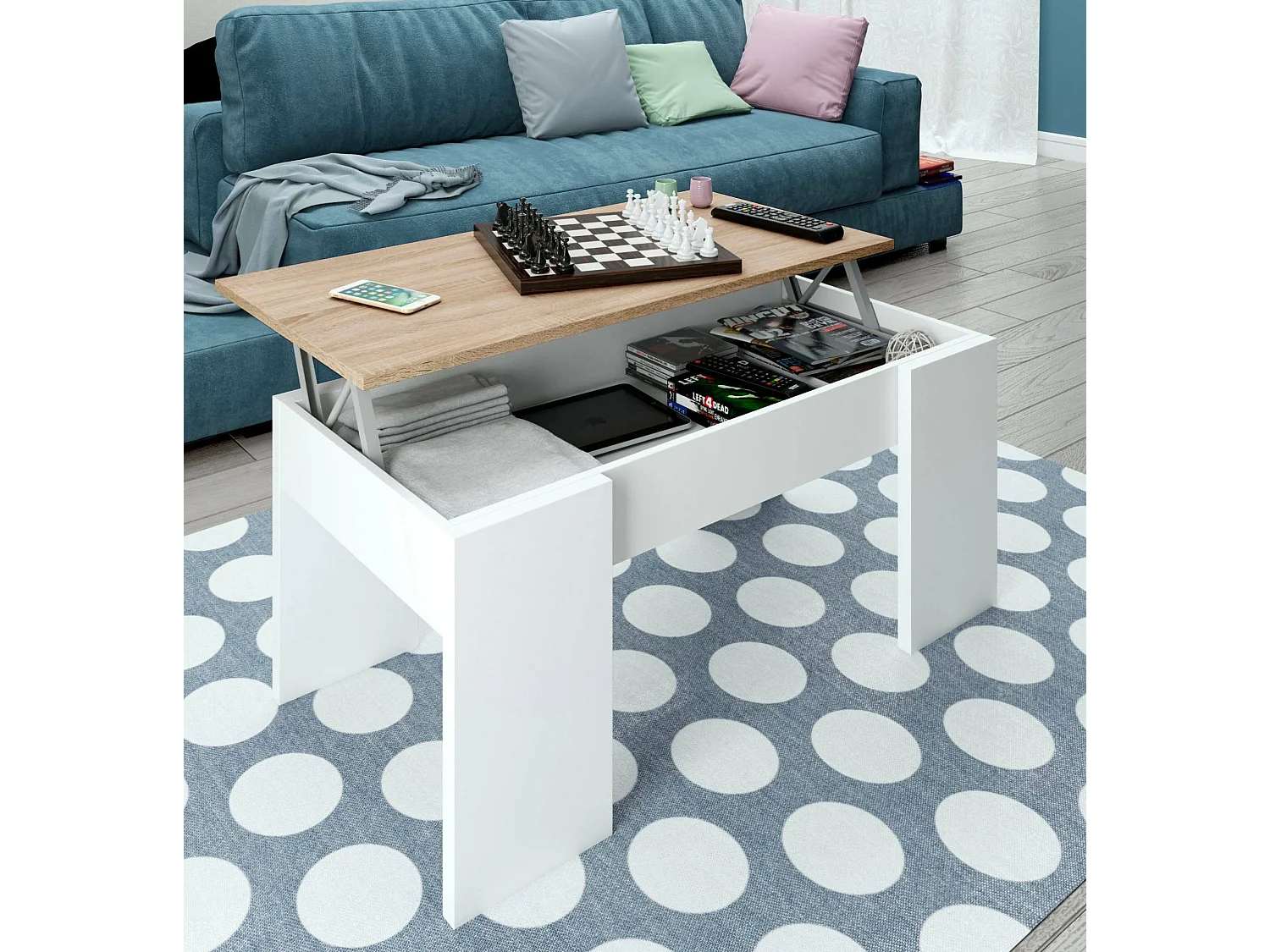 Table basse Dleal, Table basse avec plateau élévateur, Table basse de salon, 100x50h45/56 cm, Blanc et Chêne