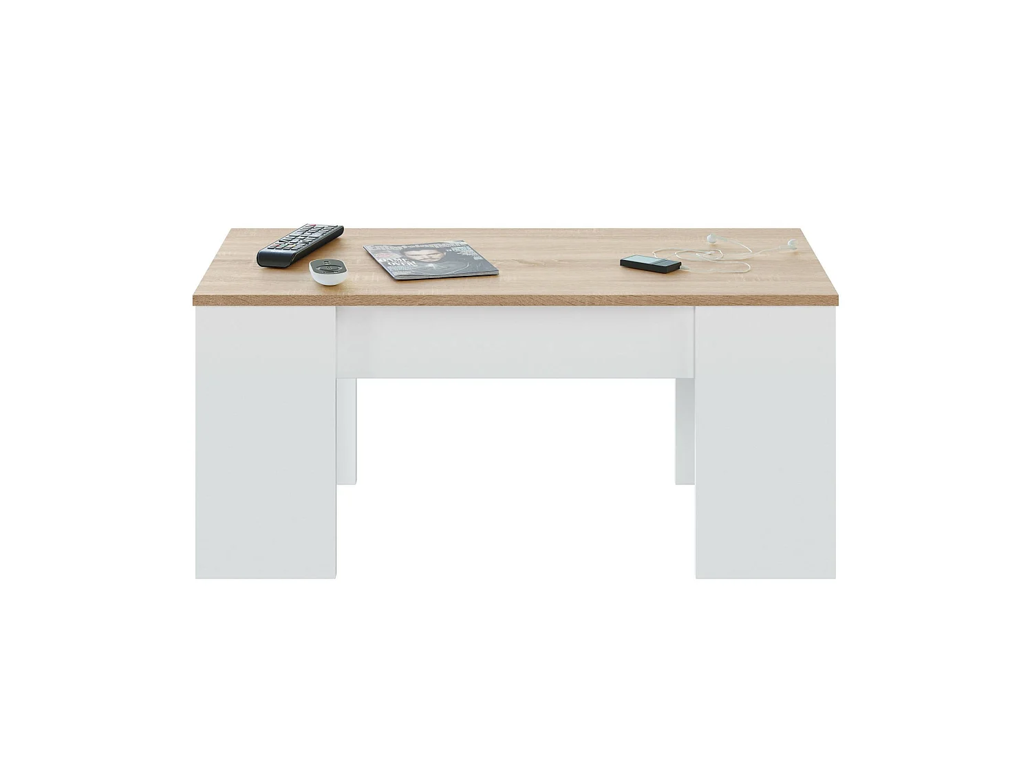 Table basse Dleal, Table basse avec plateau élévateur, Table basse de salon, 100x50h45/56 cm, Blanc et Chêne