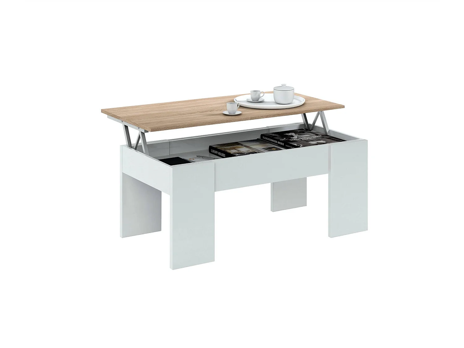 Table basse Dleal, Table basse avec plateau élévateur, Table basse de salon, 100x50h45/56 cm, Blanc et Chêne