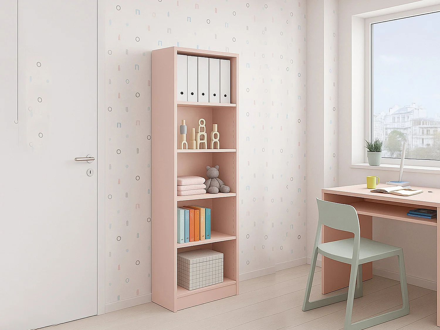Dmacagg boekenkast, Hoge boekenkast met 5 planken, Kantoor- of slaapkamerplank, Moderne plank met vakken, 52x25h180 cm, Roze