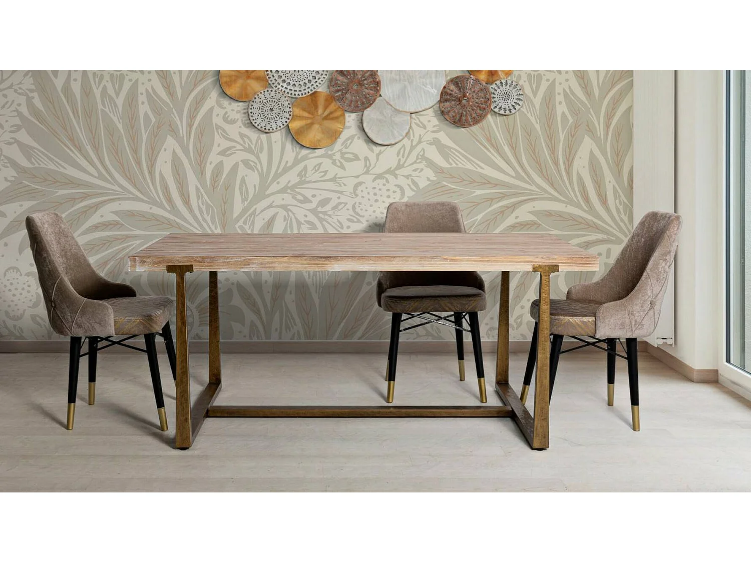 Table fixe Kazimir, Etagère de cuisine, Consolle à manger, Table rectangulaire fixe, Or et Marron, 180x90 h78 cm