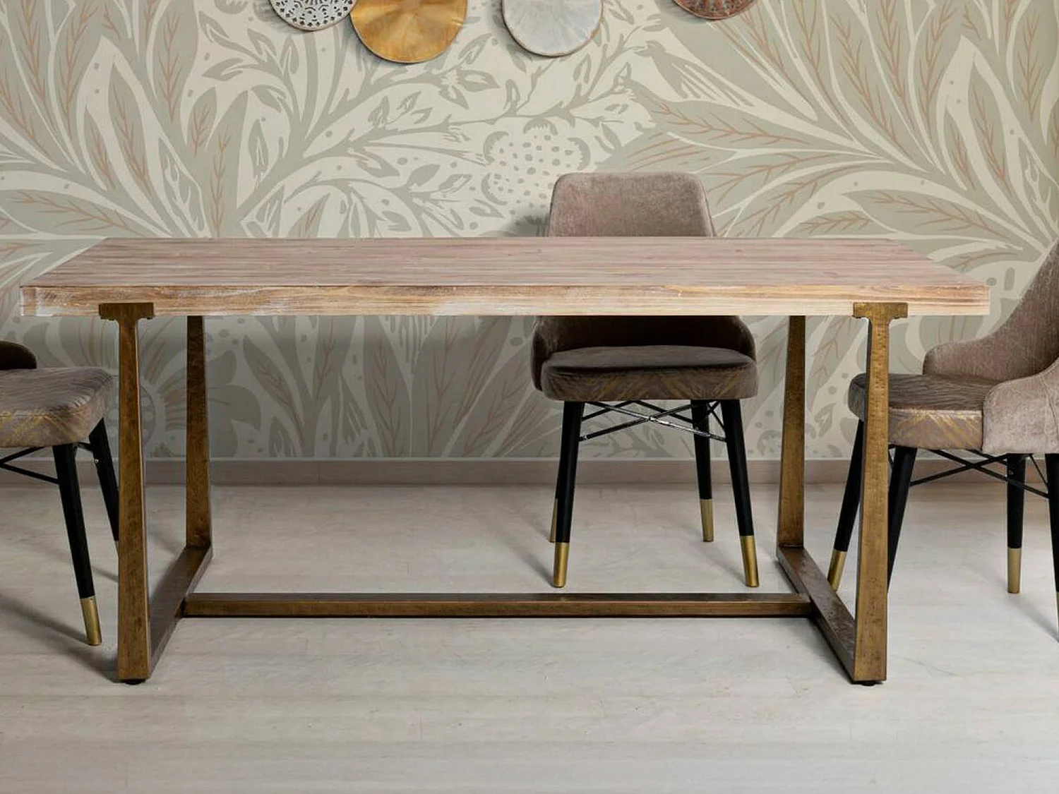 Esstisch Kazimir, Küchenregal, Esszimmertisch, Festes rechteckiges Regal, Gold und Braun, 180x90 h78 cm
