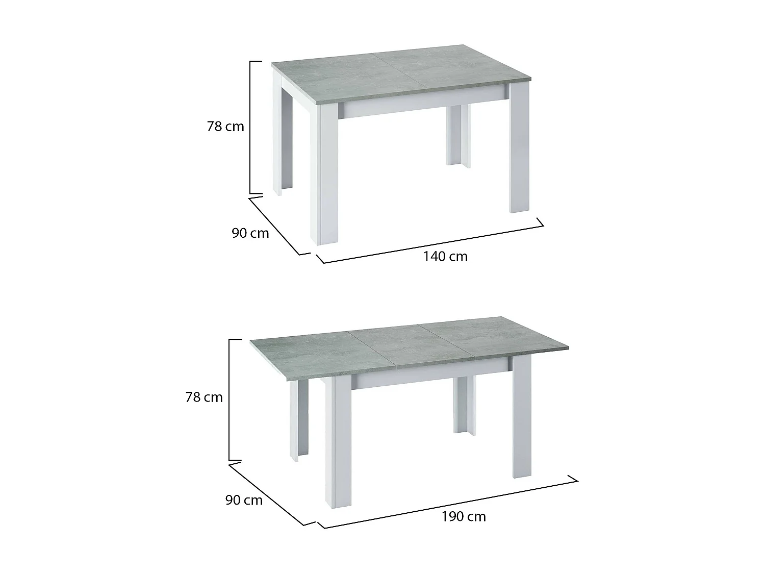 Dalice uitschuifbare tafel, Uitschuifbare console voor eetkamer, Opengaande keukentafel met verlengstuk, 140/190x90h78 cm, Cement en Wit