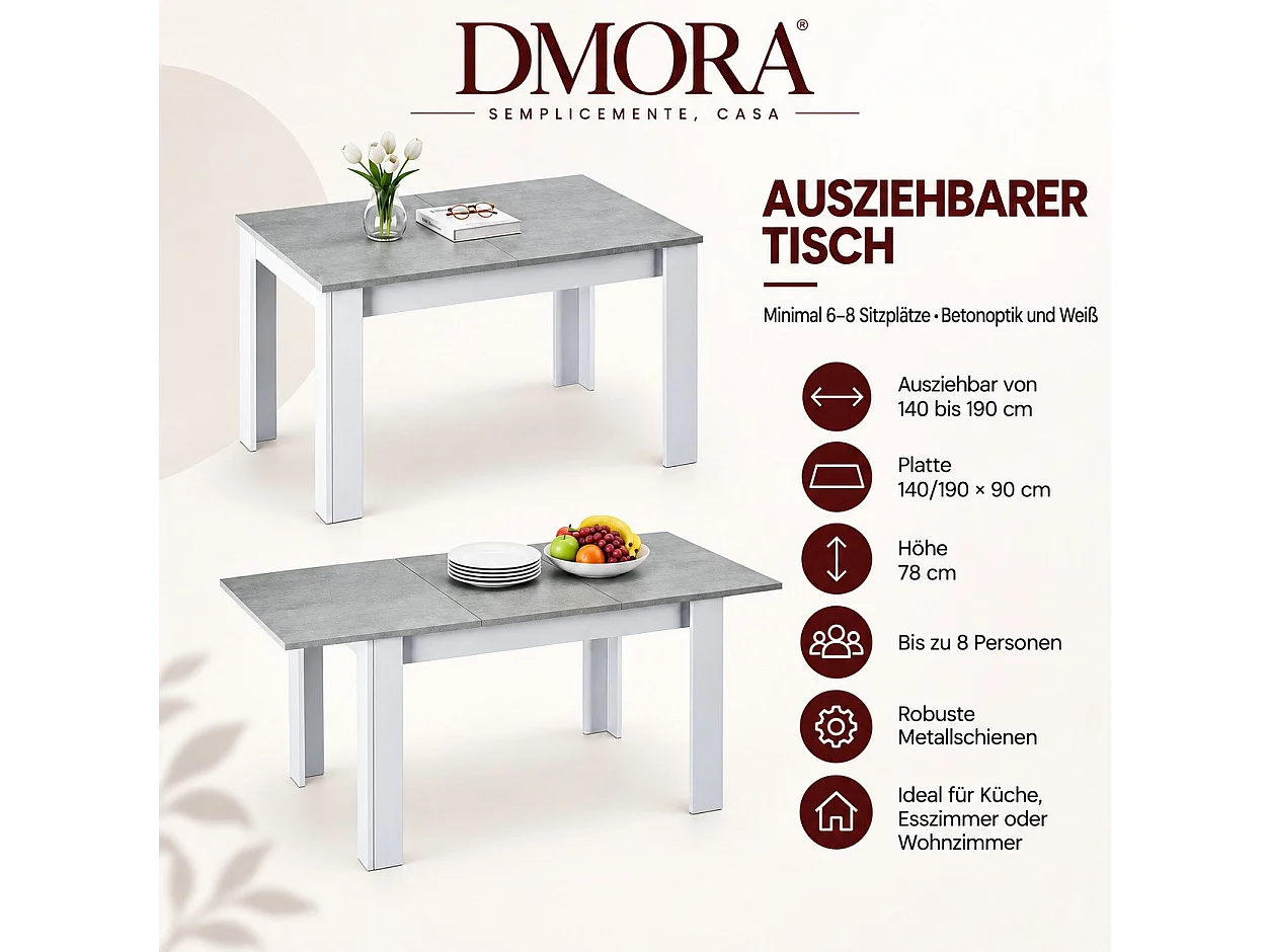 Ausziehbarer Tisch Dalice, Ausziehbare Konsole für Esszimmer, Ausziehbarer Küchentisch mit Verlängerung, 140/190x90h78 cm, Zement und WeiÃŸ
