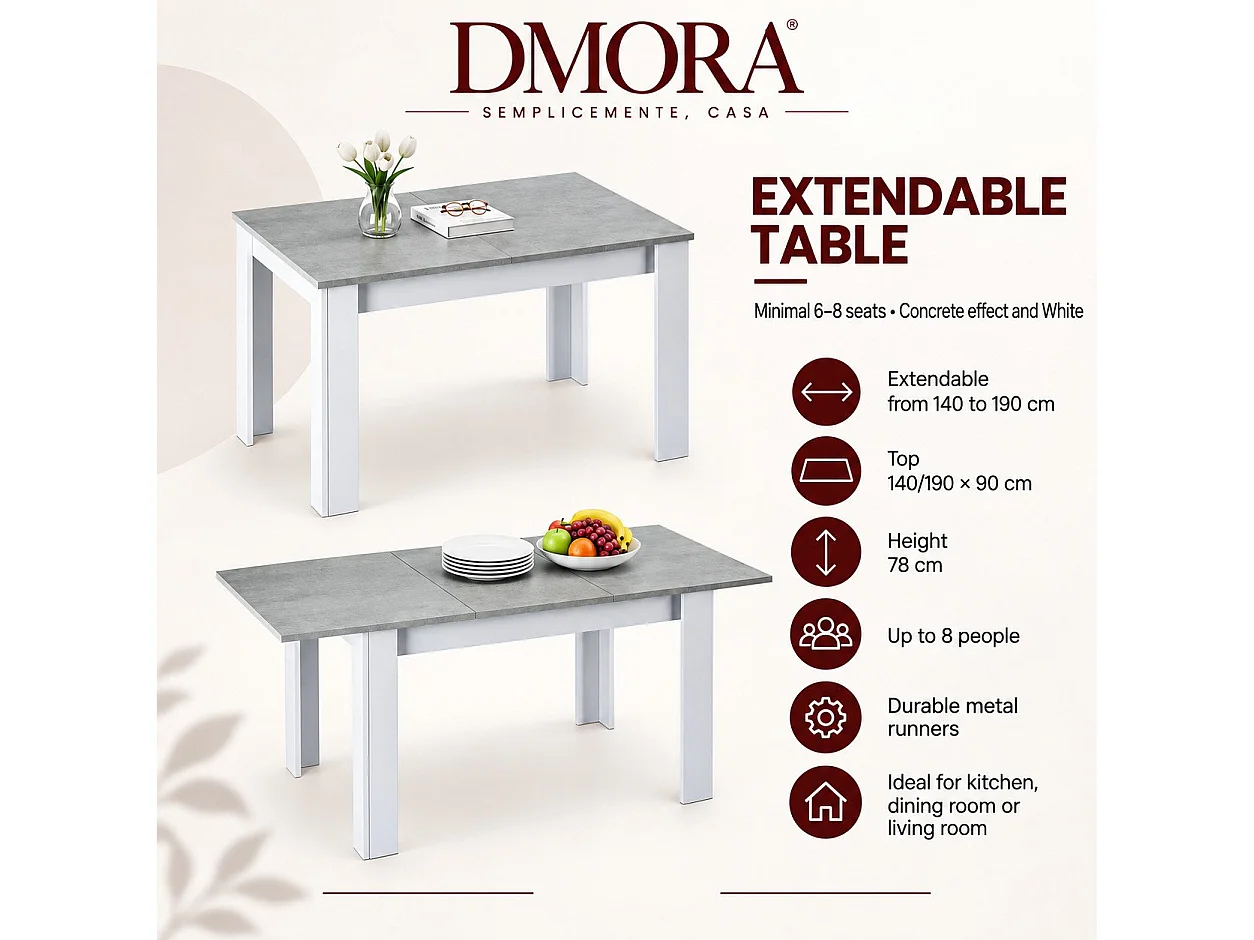 Mesa extensible Abudula, 8 plazas, 190x90x78h cm gris cemento, extensible, mecanismo de extensión central