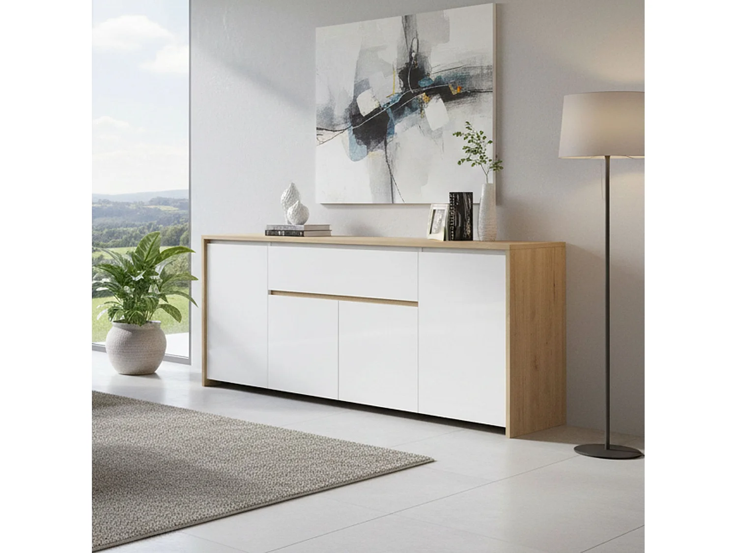 Buffet Dsalv, Buffet du salon, Commode de salon, Garde-manger de cuisine, 197x48 h84 cm, Chêne clair et Blanc