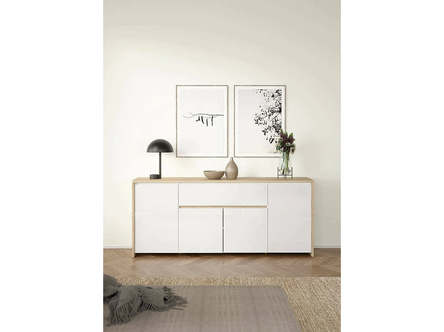 Buffet Dsalv, Buffet du salon, Commode de salon, Garde-manger de cuisine, 197x48 h84 cm, Chêne clair et Blanc