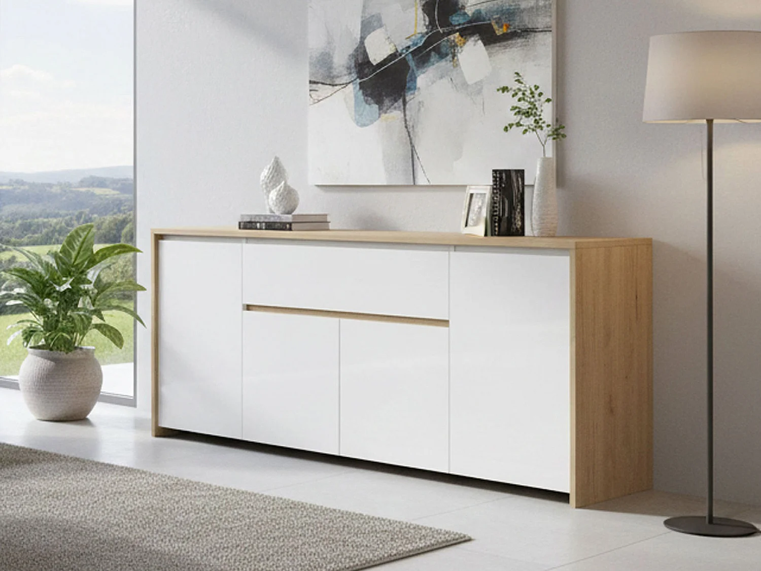 Buffet Dsalv, Buffet du salon, Commode de salon, Garde-manger de cuisine, 197x48 h84 cm, Chêne clair et Blanc