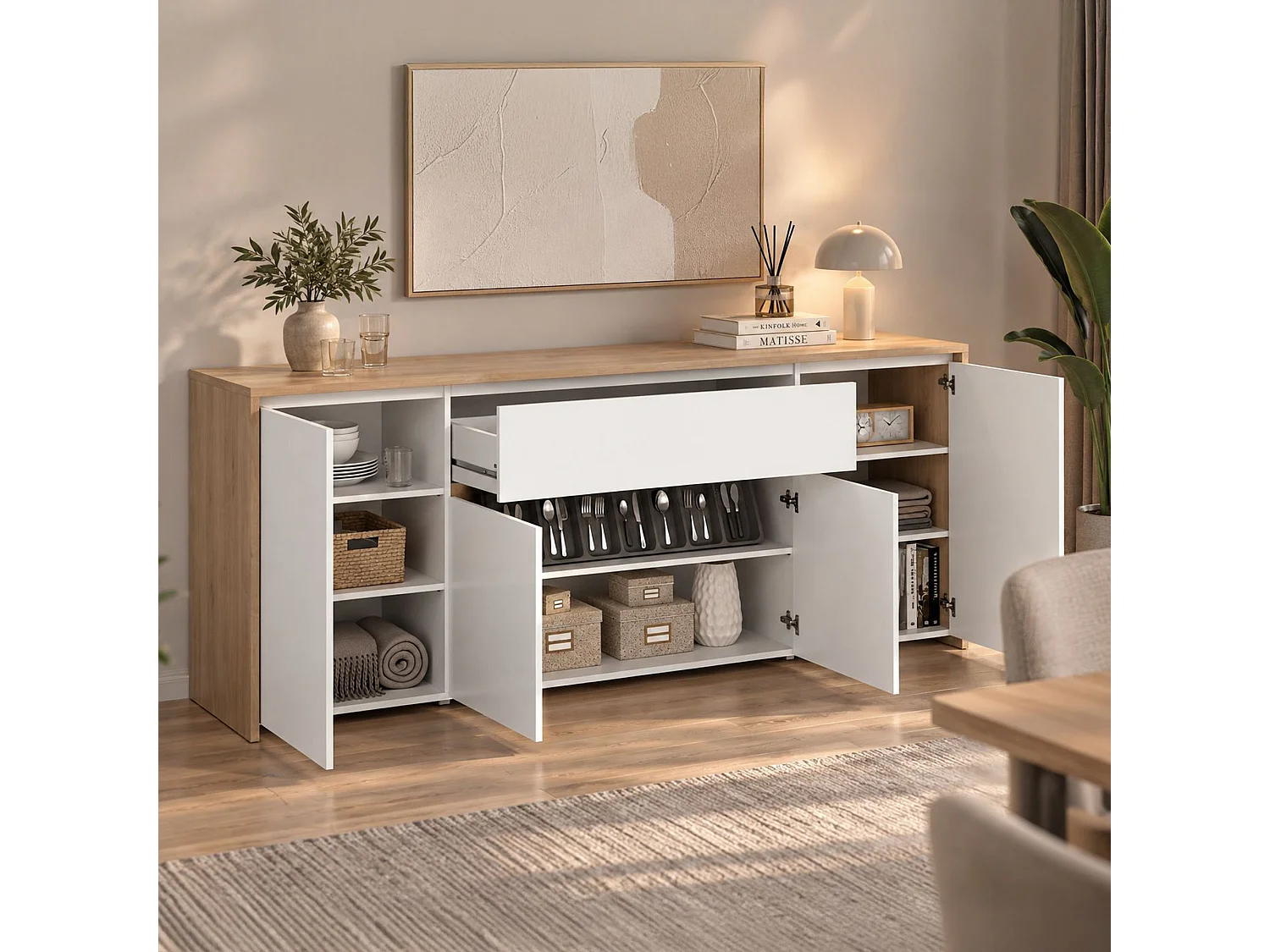 Buffet Dsalv, Buffet du salon, Commode de salon, Garde-manger de cuisine, 197x48 h84 cm, Chêne clair et Blanc