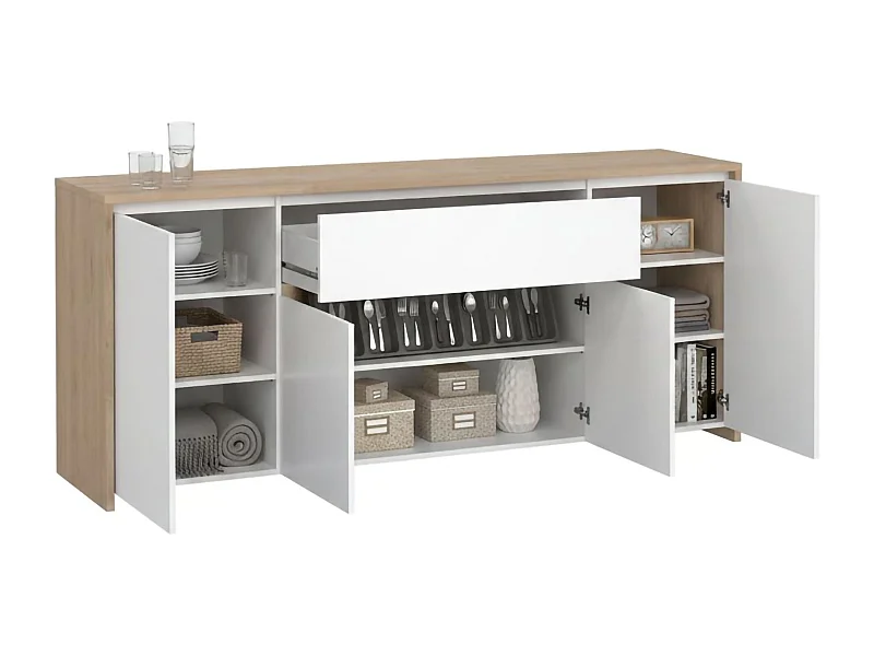 Buffet Dsalv, Buffet du salon, Commode de salon, Garde-manger de cuisine, 197x48 h84 cm, Chêne clair et Blanc