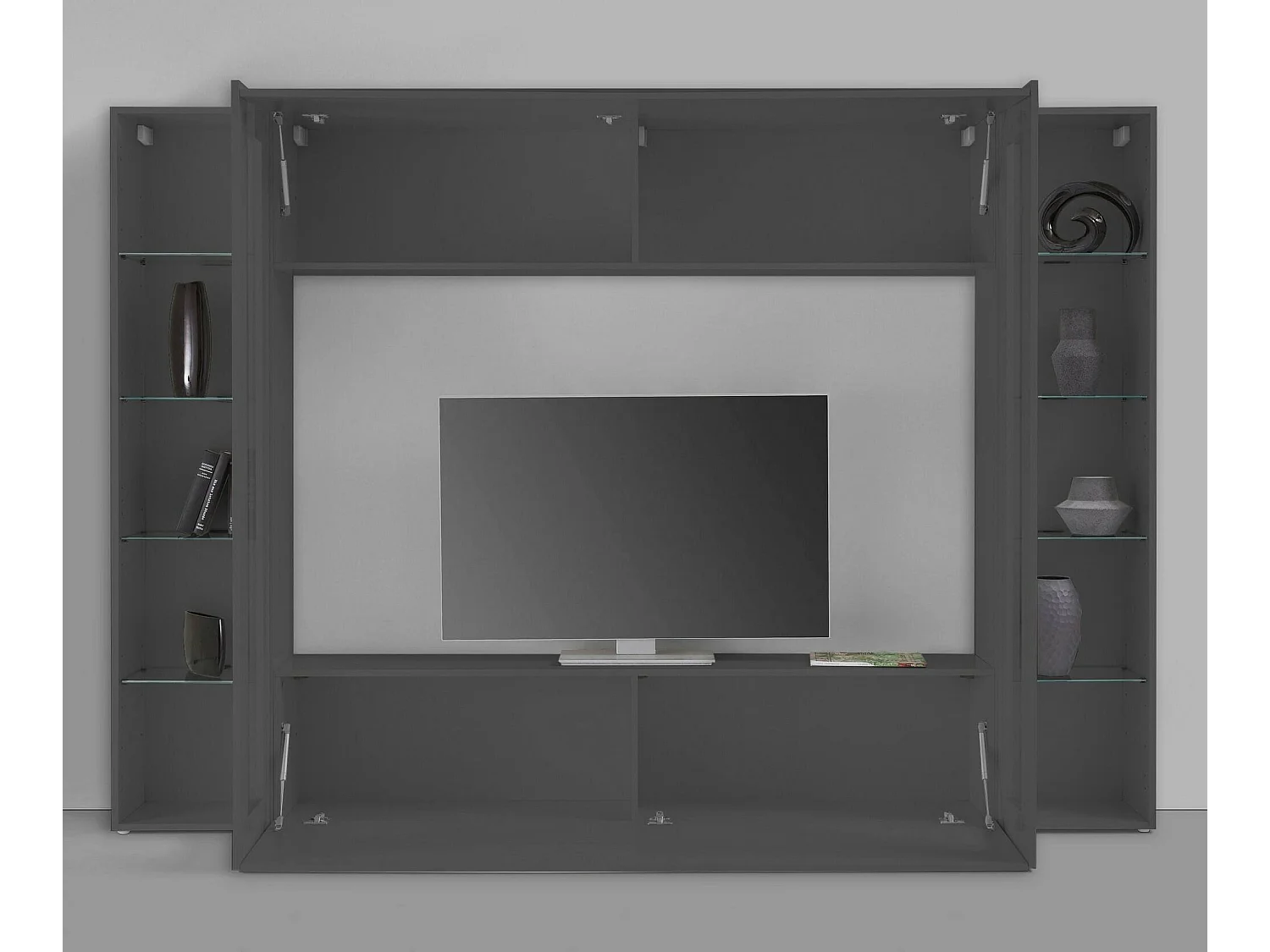 Élément mural Delma, meuble TV 4 portes, meuble de salon polyvalent avec vitrine et lumière LED, 100% Made in Italy, 260x30h180 cm, Anthracite