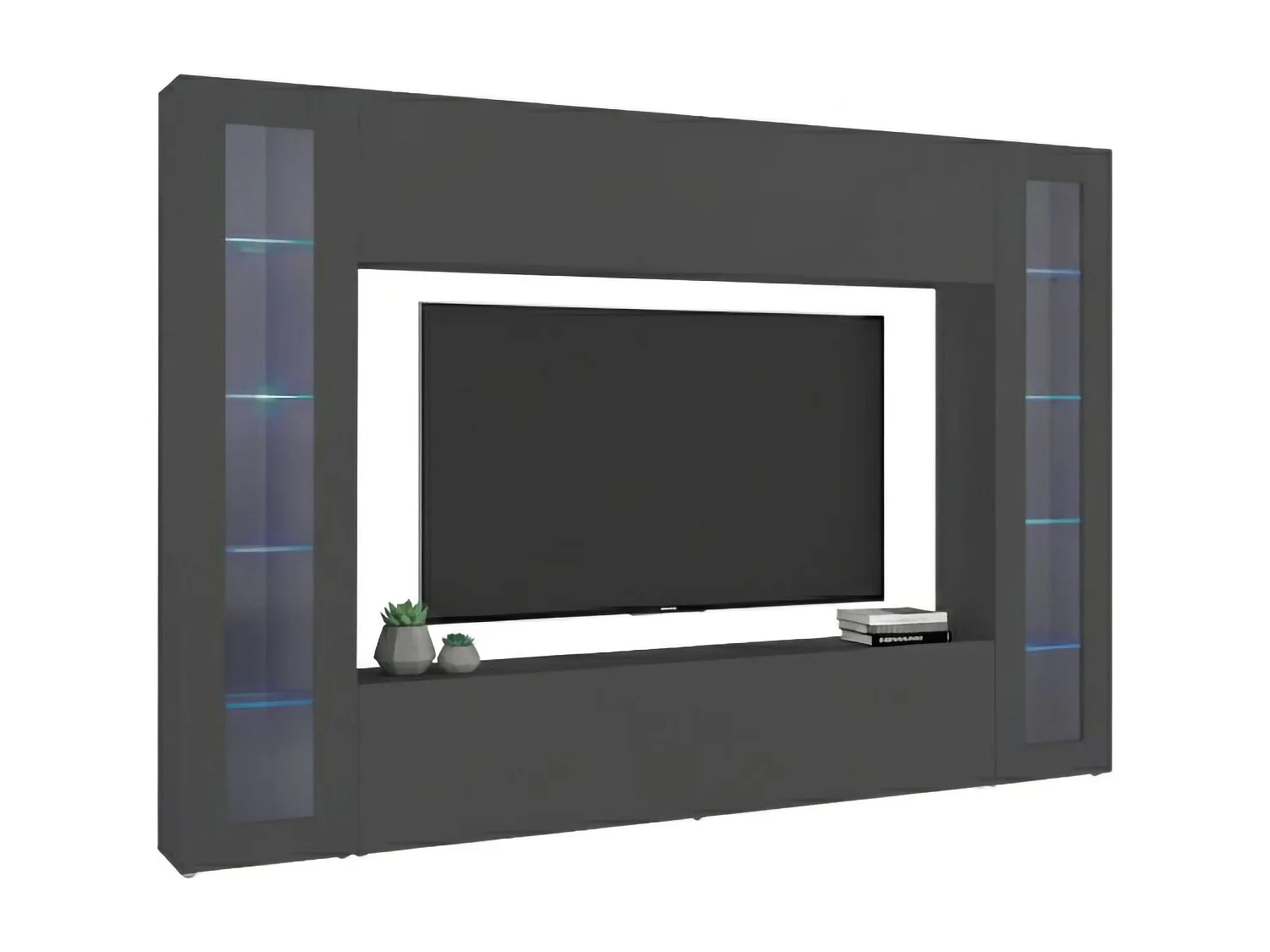 Élément mural Delma, meuble TV 4 portes, meuble de salon polyvalent avec vitrine et lumière LED, 100% Made in Italy, 260x30h180 cm, Anthracite