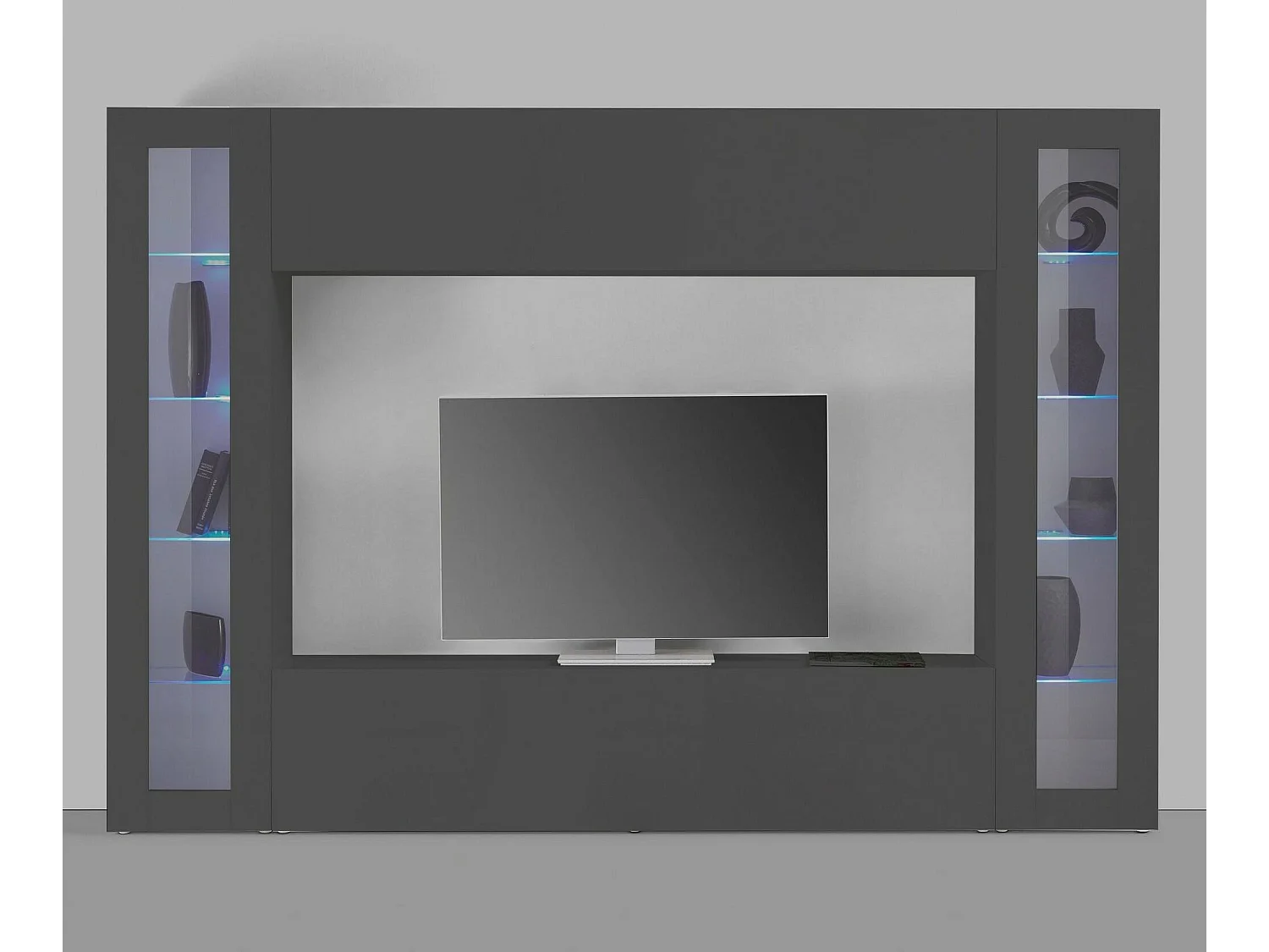 Élément mural Delma, meuble TV 4 portes, meuble de salon polyvalent avec vitrine et lumière LED, 100% Made in Italy, 260x30h180 cm, Anthracite