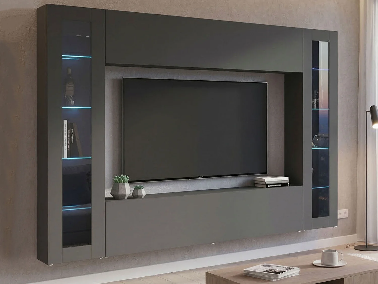 Élément mural Delma, meuble TV 4 portes, meuble de salon polyvalent avec vitrine et lumière LED, 100% Made in Italy, 260x30h180 cm, Anthracite