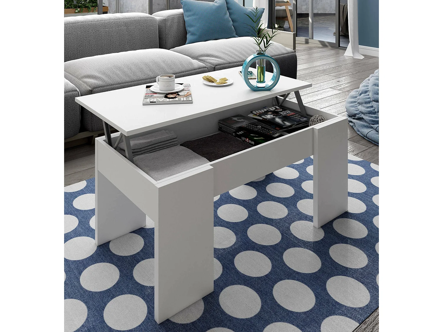 Mesa de centro Dleal, Mesa de centro con tapa elevable, Mesa de centro para la sala de estar, 100x50h45/56 cm, Blanco brillante