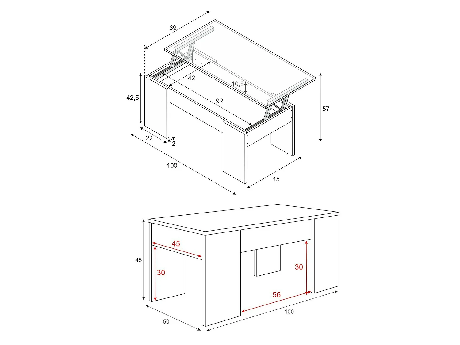 Table basse Dleal, Table basse avec plateau relevable, Table basse de salon, 100x50h45/56 cm, Blanc brillant