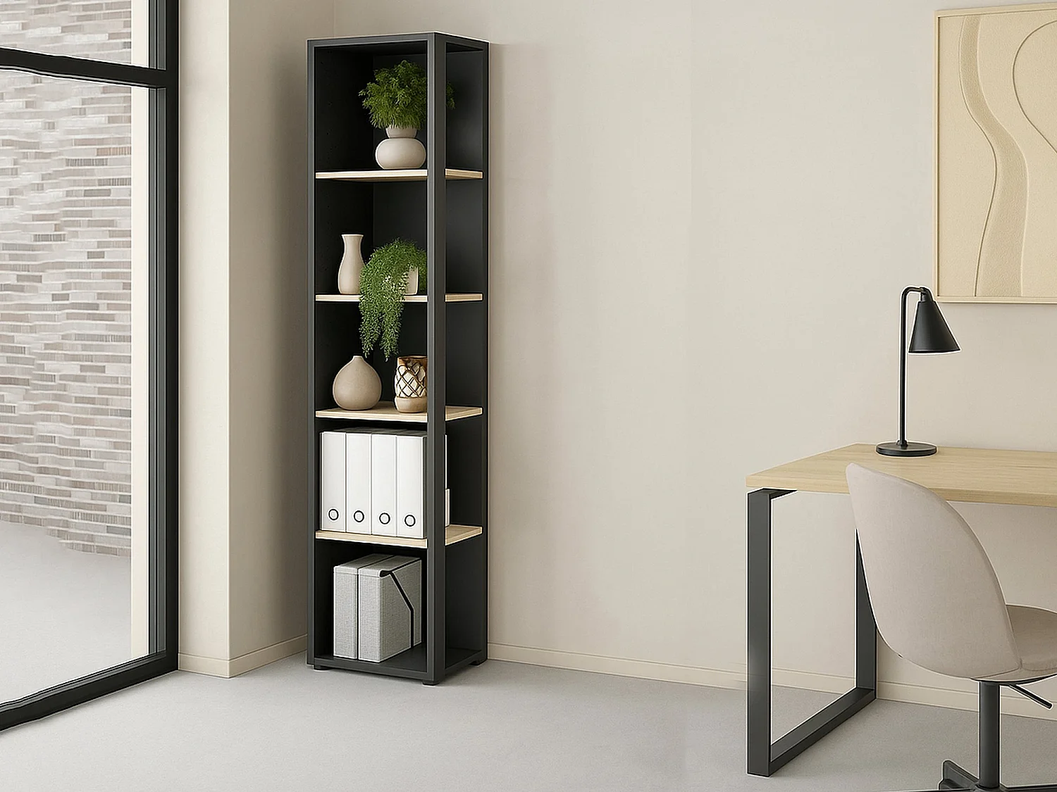 Bibliothèque Dtalarin, Etagère de bureau, Porte-livre mobile, Librairie, 41x34 h205 cm, Chêne et Gris
