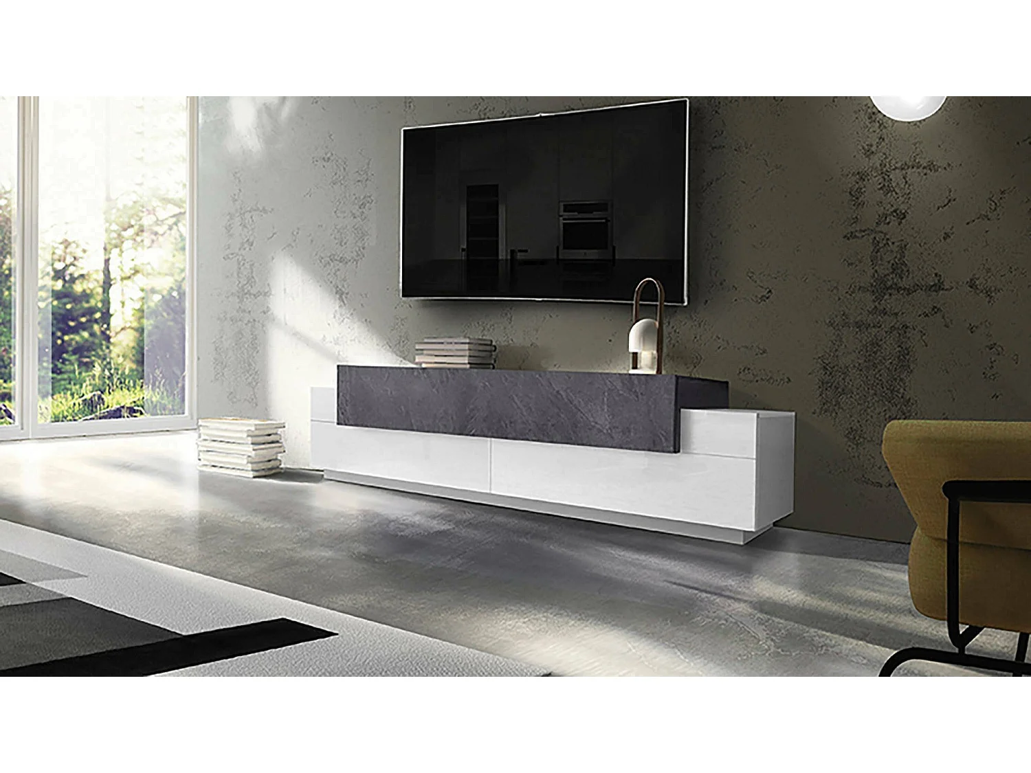 Meuble TV Dmirand, Buffet bas de salon, Base pour meuble TV, 100% Made in Italy, 200x45h52 cm, Blanc brillant et ardoise