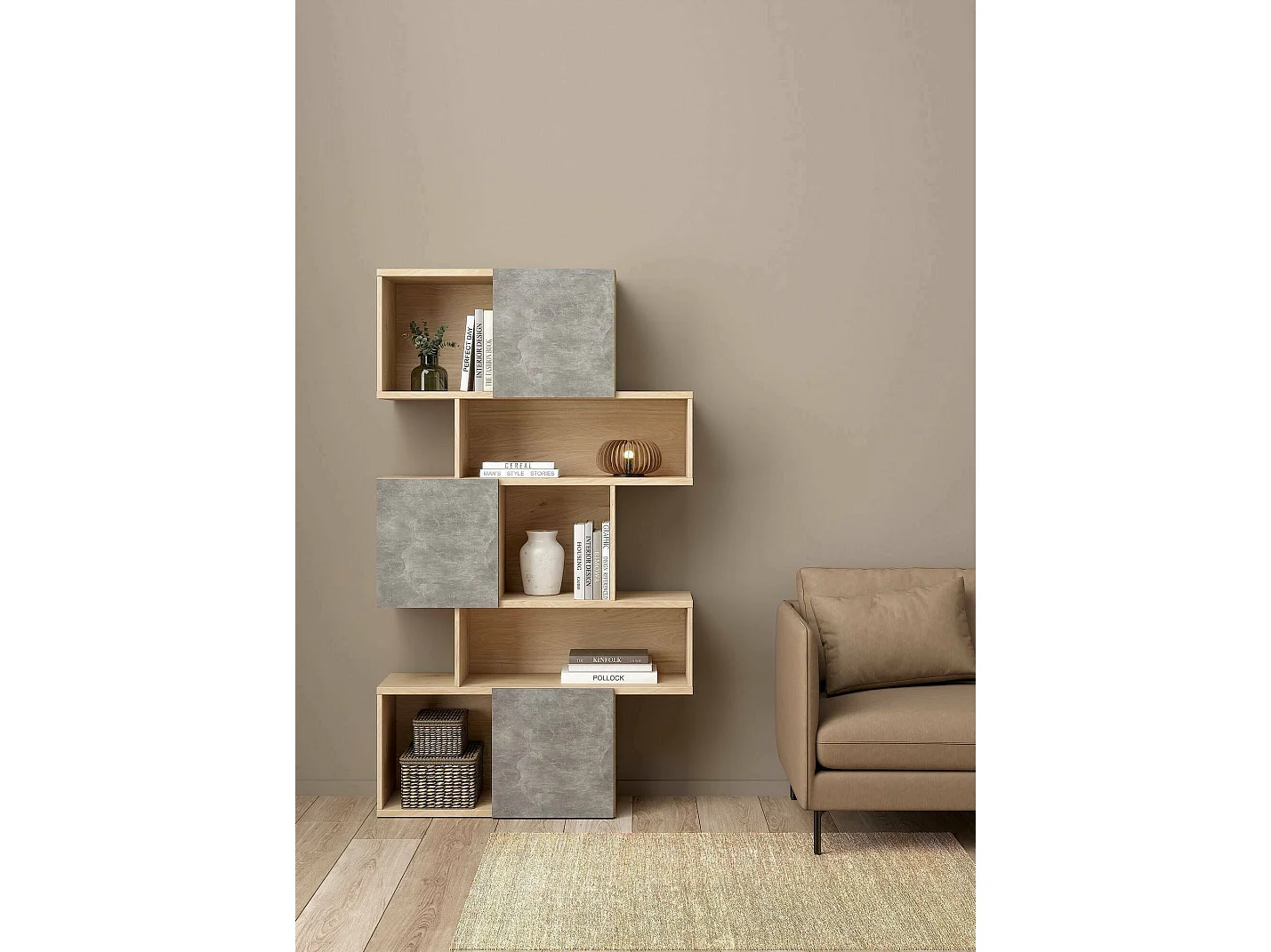 Bibliothèque Dsangall, Etagère de bureau, Porte-livre mobile, Librairie, 96x32 h166 cm, Chêne clair et Ciment