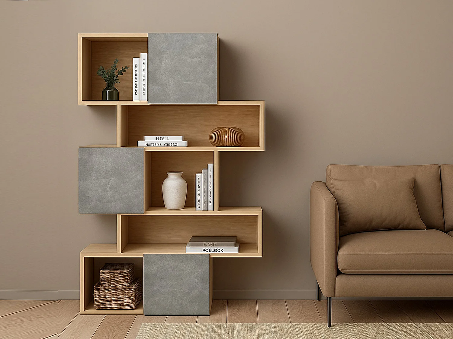 Estante para libros Dsangall, Estante de oficina, Porta libros móvil, Biblioteca, 96x32 h166 cm, Roble y Cemento