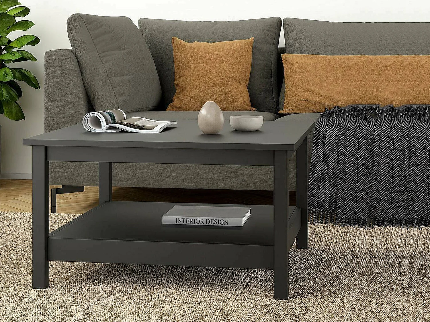 Table basse Dvalzani, Table basse, Porte-revues pour canapé, Etagère de salon, 81x81 h45 cm, Noir