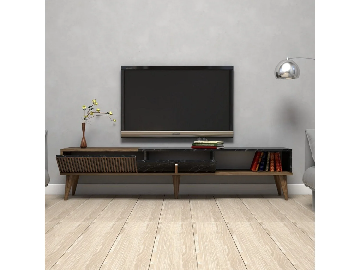 Fernsehschrank Dpellicor, Ständer für Wohnzimmerfernseher, Niedriges Wohnzimmer-Sideboard, TV-Ständerbasis, 180x35 h40 cm, Walnuss und Schwarz