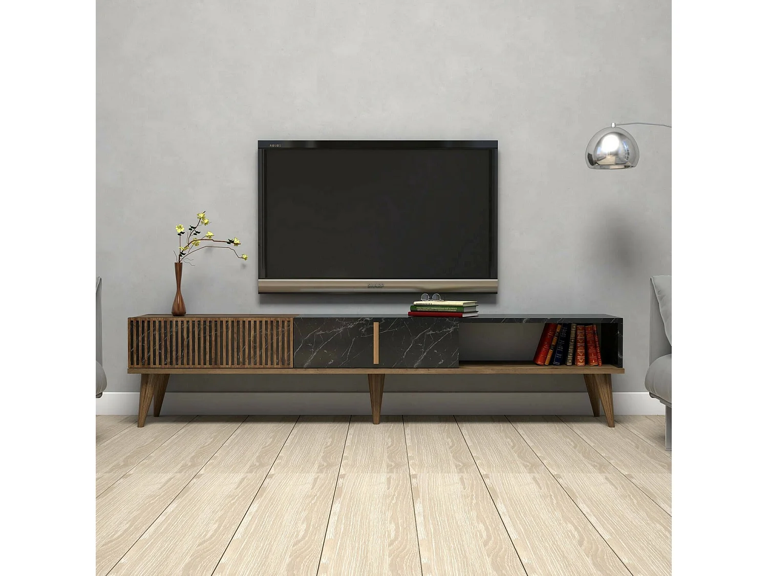 Fernsehschrank Dpellicor, Ständer für Wohnzimmerfernseher, Niedriges Wohnzimmer-Sideboard, TV-Ständerbasis, 180x35 h40 cm, Walnuss und Schwarz