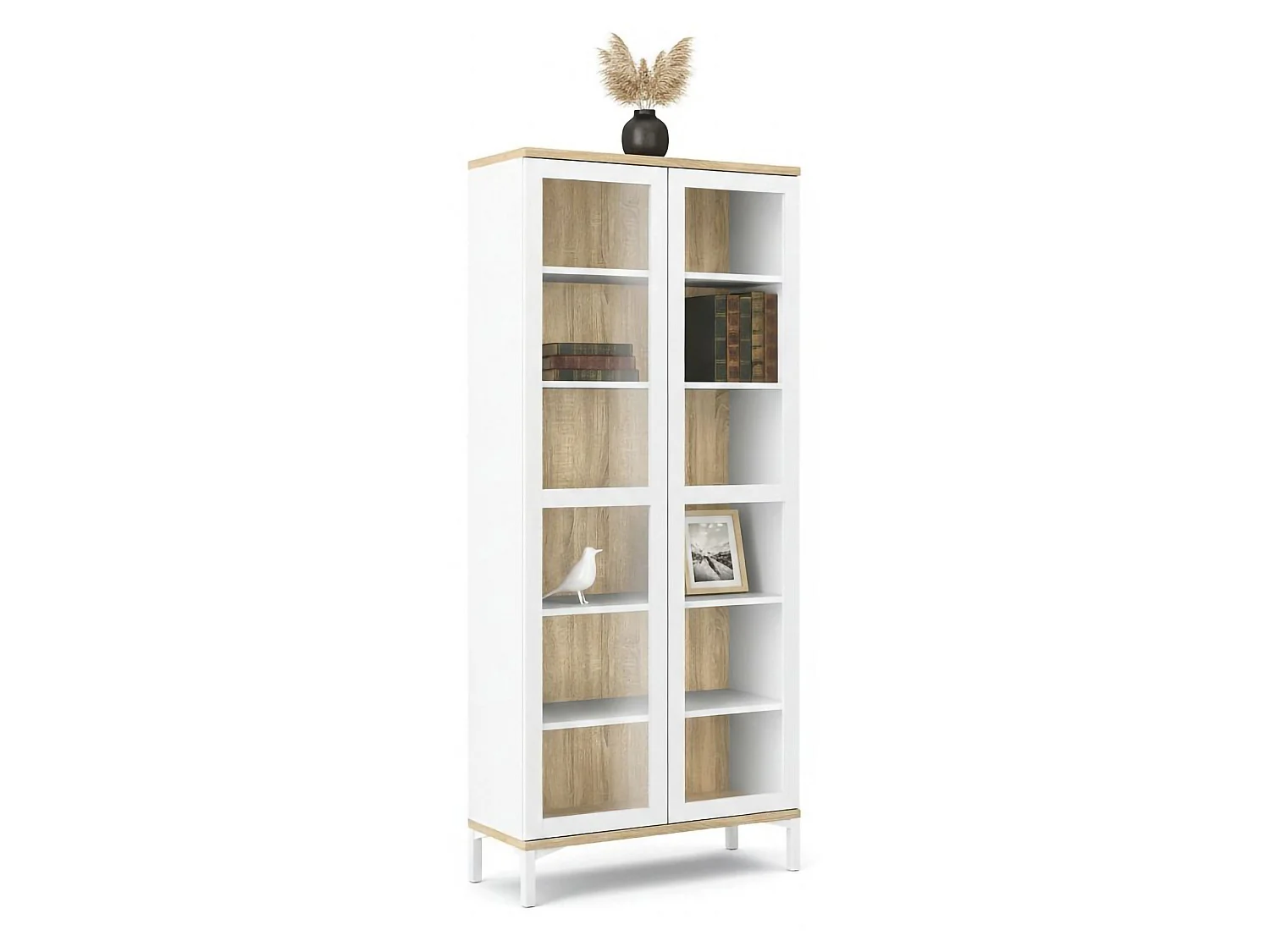 Vitrina Dvecchi, Aparador expositor, Vitrina multiusos, Aparador sala, 89x36 h203 cm, Branco e Carvalho