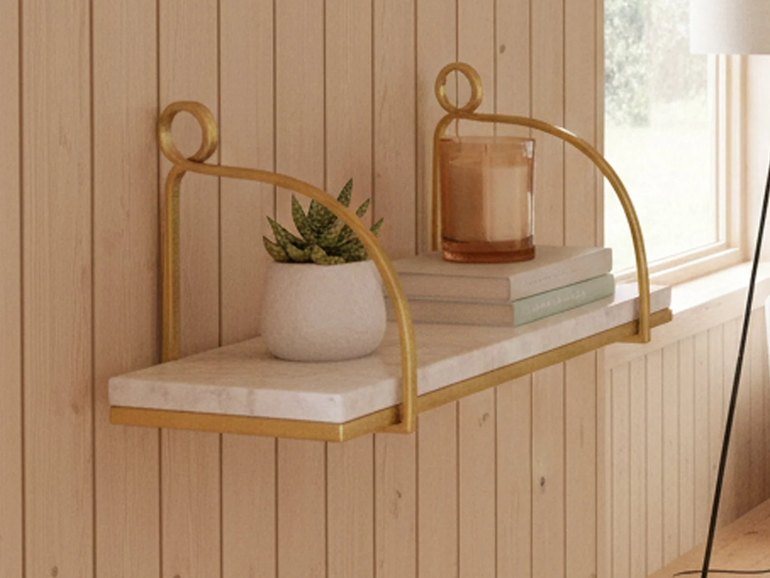 Étagère murale Paci, Étagère, Tablette murale, Rayonnage polyvalent, 40x16 h18 cm, Blanc et Or