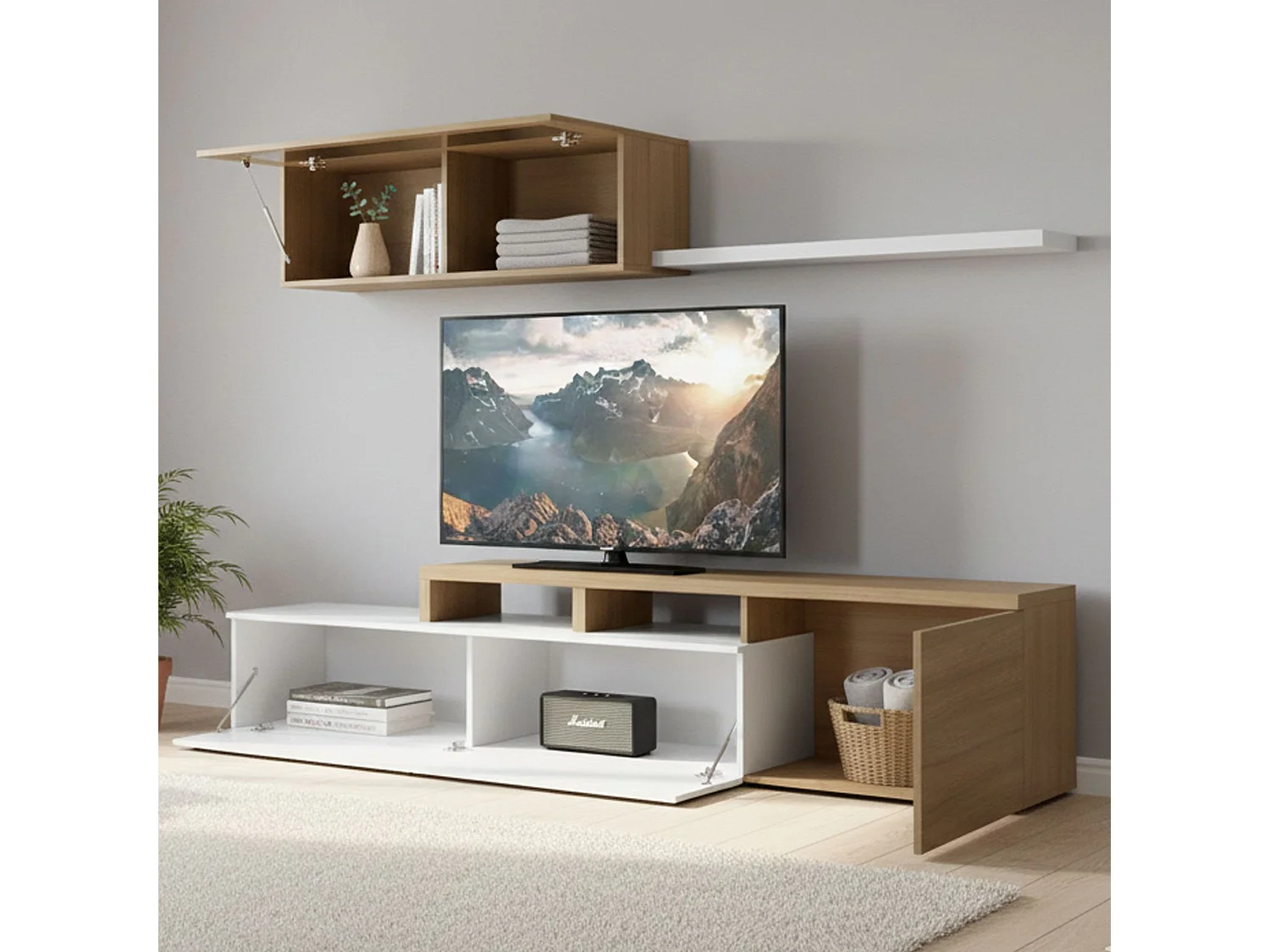 Sistema de parede Chino, móvel de sala de TV, composição reversível de sala, conjunto de sala de canto, 200x41h44 cm, carvalho e branco brilhante