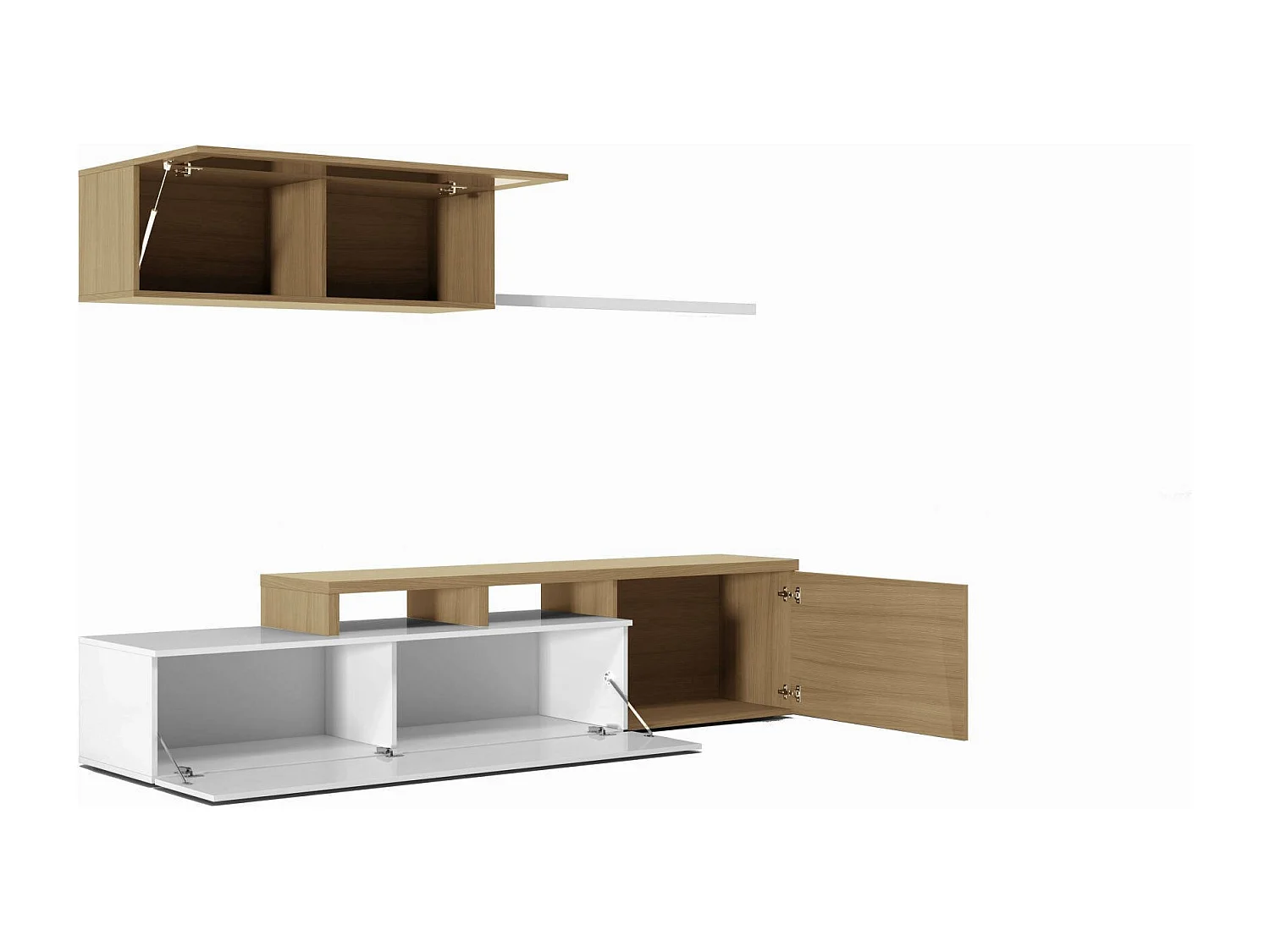 Sistema de parede Chino, móvel de sala de TV, composição reversível de sala, conjunto de sala de canto, 200x41h44 cm, carvalho e branco brilhante