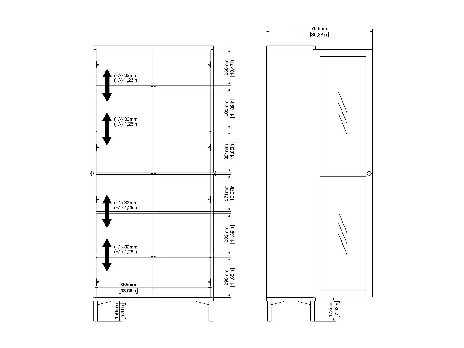 Vitrine Dvastol, Buffet d'exposition, Vitrine polyvalente, Buffet de salon, 89x36 h203 cm, Blanc