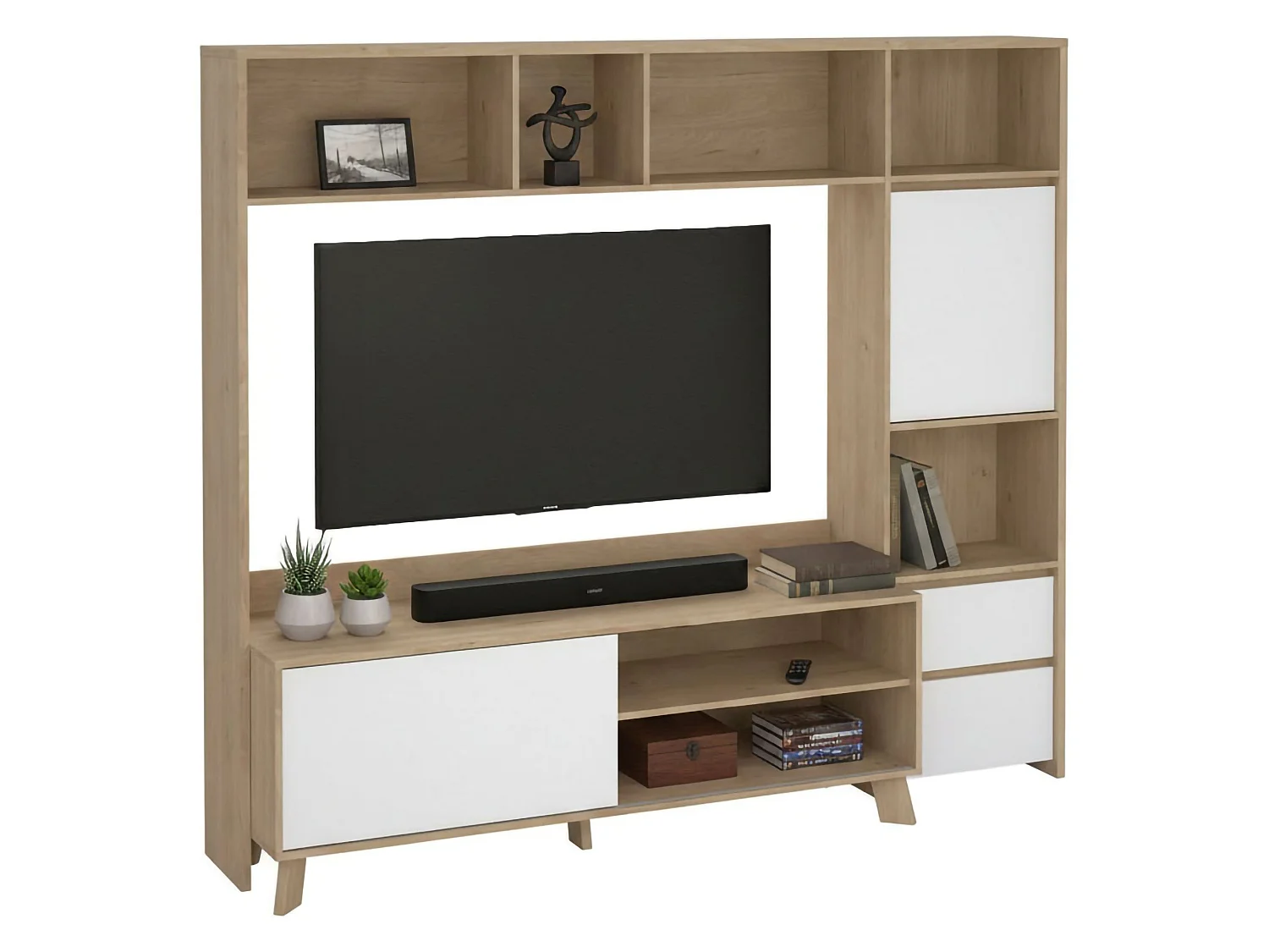 Meuble TV Dtolja, Buffet de salon, Armoire basse pour TV, Base murale de rangement, 209x48 h183 cm, Chêne clair et Blanc