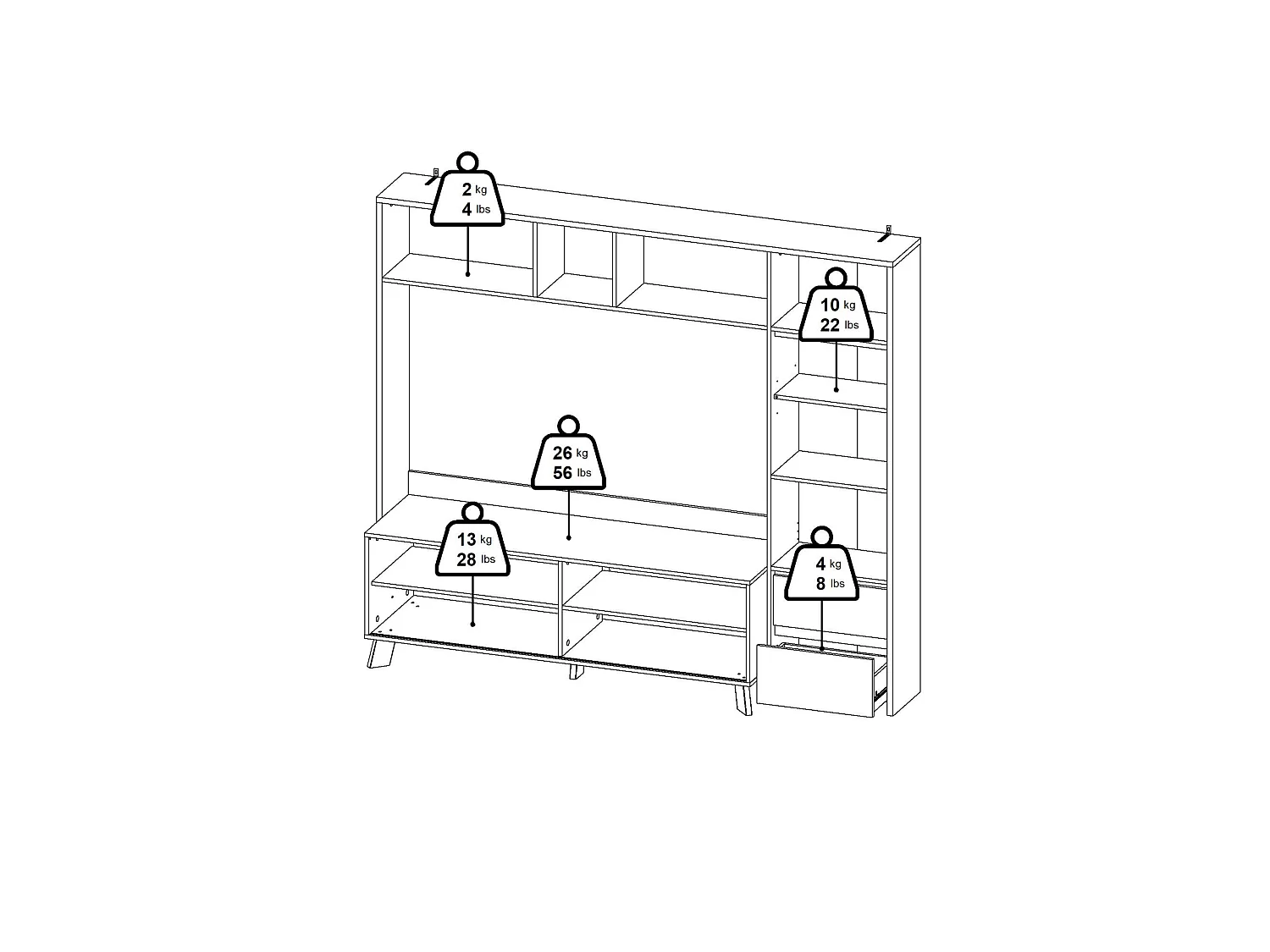 Meuble TV Dtolja, Buffet de salon, Armoire basse pour TV, Base murale de rangement, 209x48 h183 cm, Chêne clair et Blanc