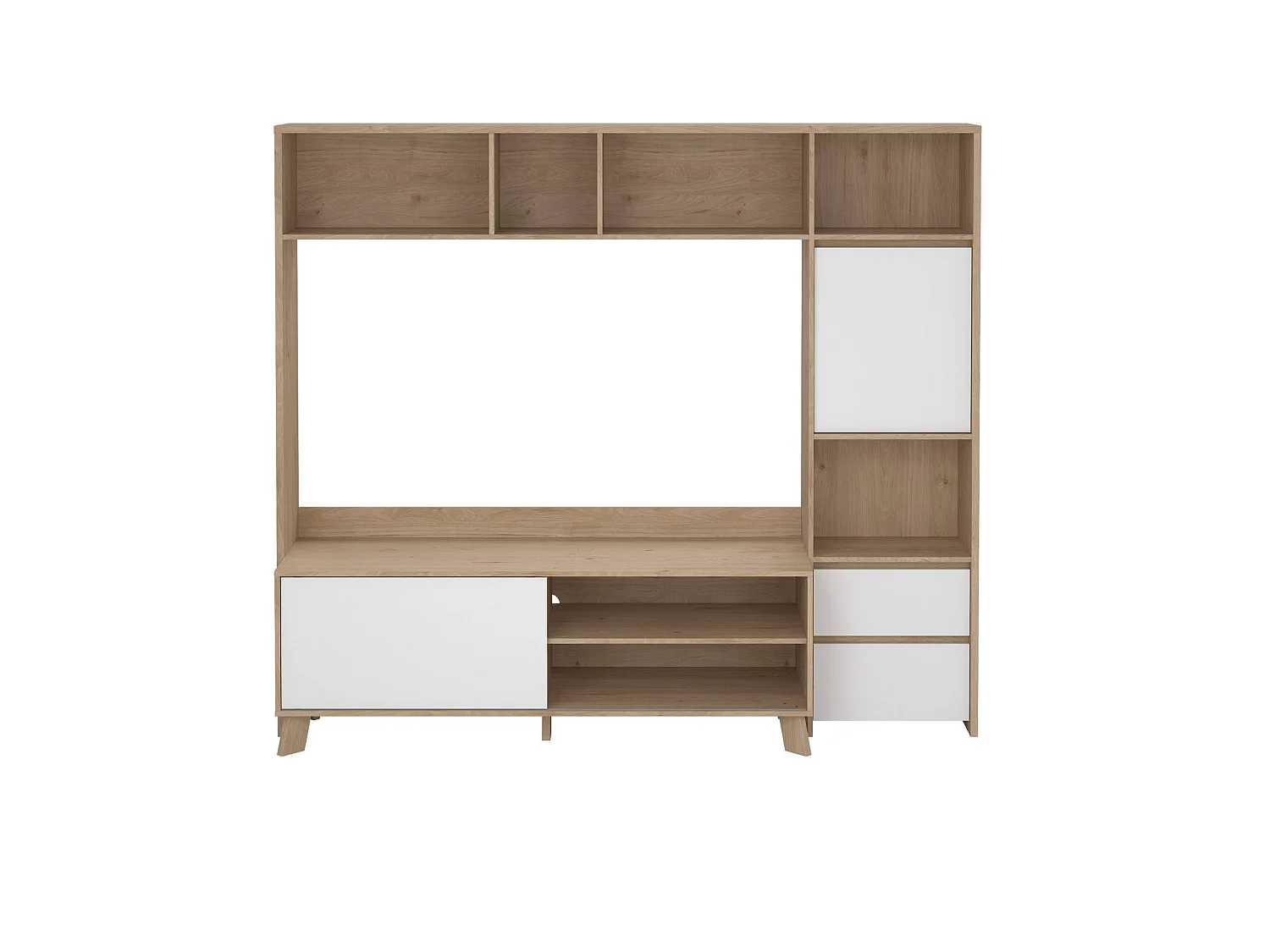 Meuble TV Dtolja, Buffet de salon, Armoire basse pour TV, Base murale de rangement, 209x48 h183 cm, Chêne clair et Blanc