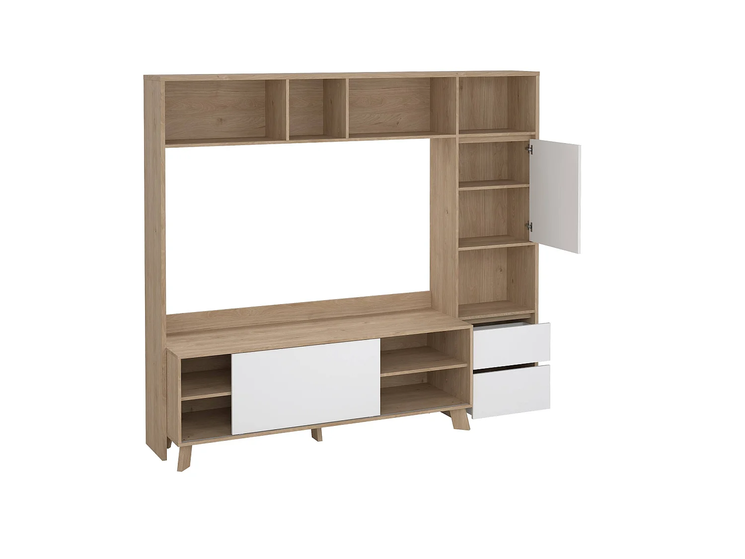 Meuble TV Dtolja, Buffet de salon, Armoire basse pour TV, Base murale de rangement, 209x48 h183 cm, Chêne clair et Blanc