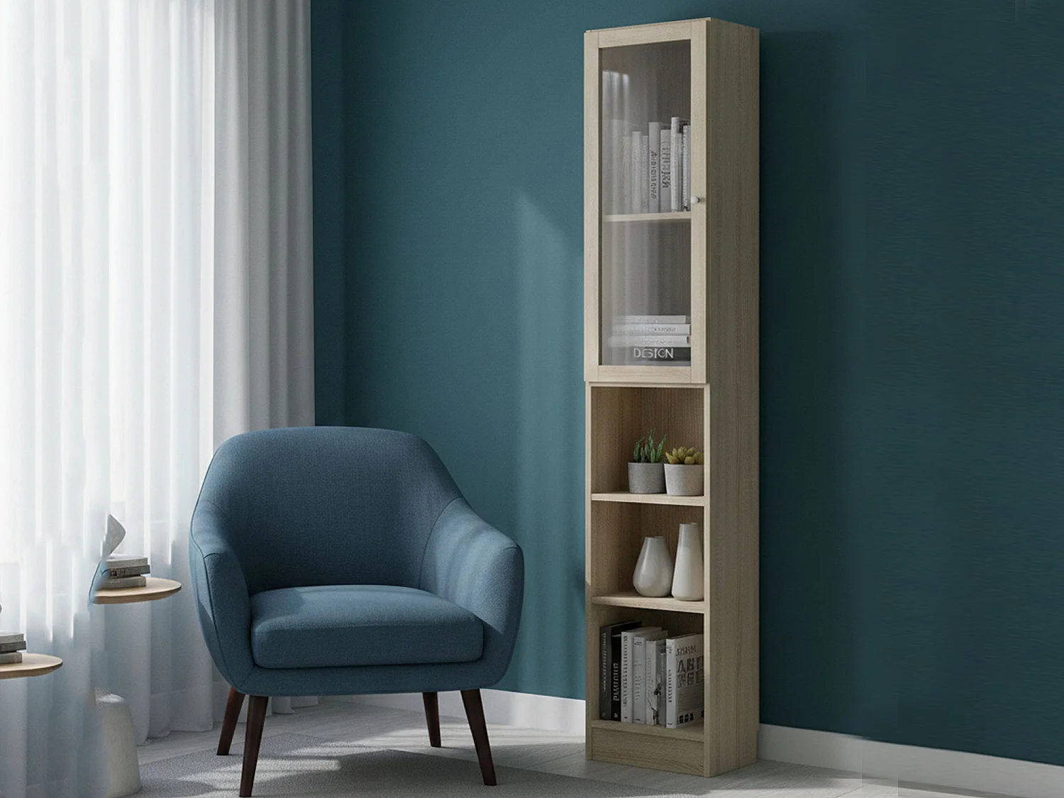 Bibliothèque Dsitu, Etagère de bureau, Porte-livre mobile, Librairie, 41x28 h203 cm, Chêne