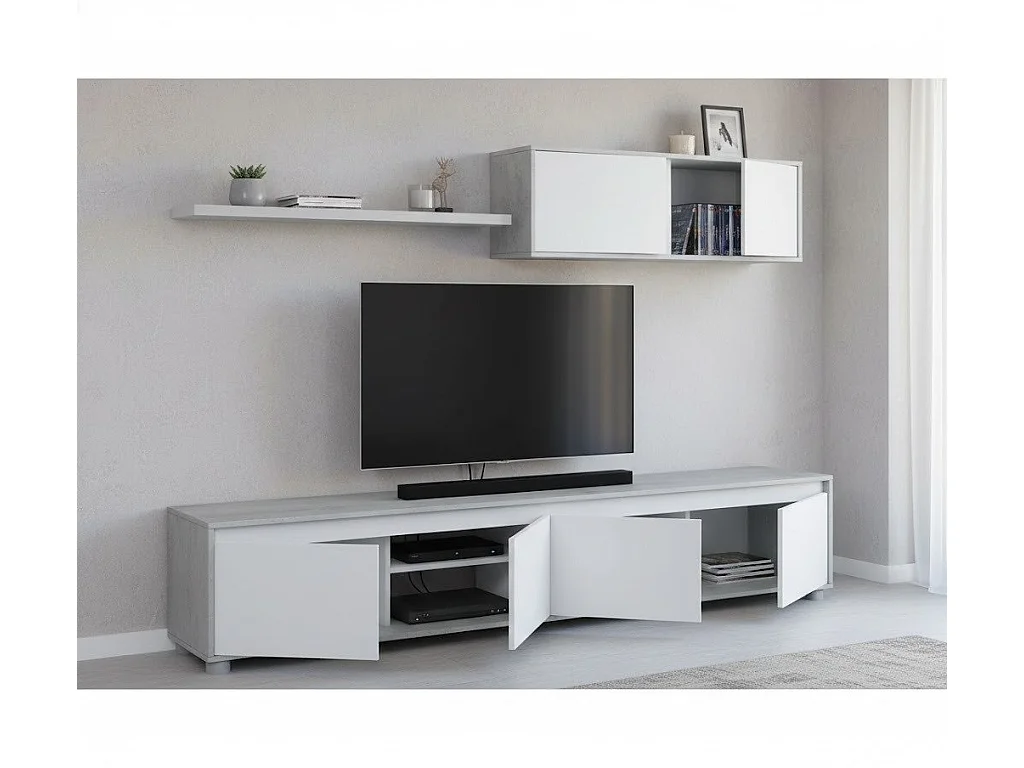 Système mural Savannah, meuble TV meuble de salon, Composition d'ensemble de salon, Ensemble de salon avec élément mural, 200x41h43 cm, Blanc et Ciment