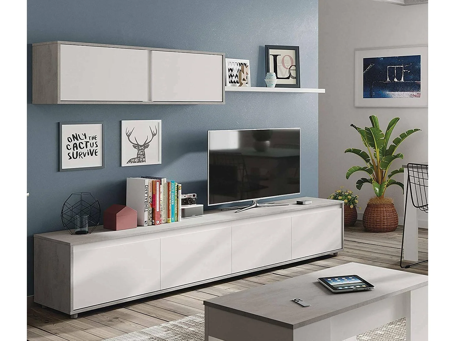 Système mural Savannah, meuble TV meuble de salon, Composition d'ensemble de salon, Ensemble de salon avec élément mural, 200x41h43 cm, Blanc et Ciment