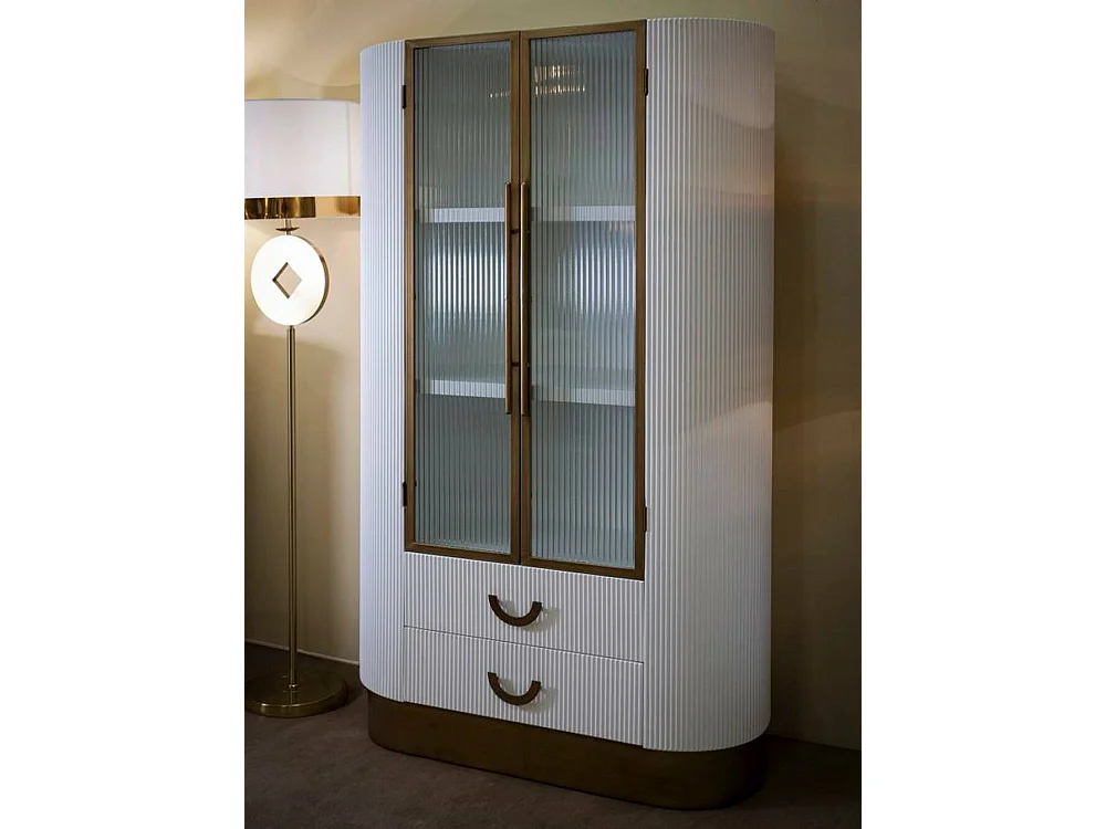 Vitrine Sable, Buffet d'exposition, Vitrine polyvalente, Buffet de salon, 85x40 h160 cm, Blanc et marron