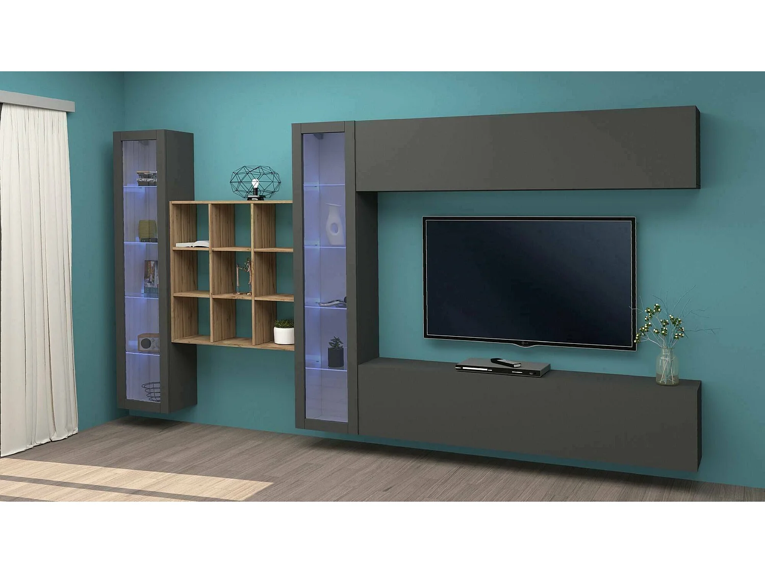 Pared Equipada Gustavo, Conjunto de salón Mueble TV con 4 puertas, Mueble salón polivalente con vitrina y luz LED, 100% Made in Italy, cm 350x30h180, Antracita