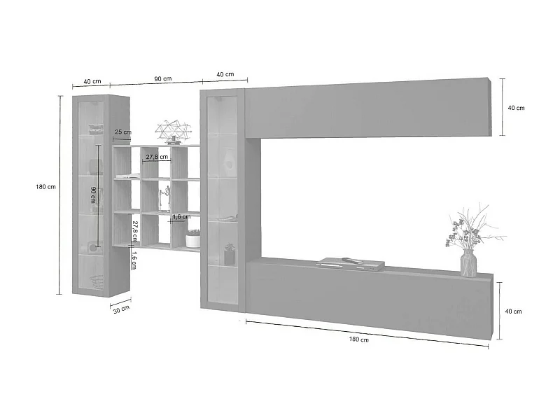 Système mural Gustavo, ensemble de salon meuble TV 4 portes, meuble de salon polyvalent avec vitrine et lumière LED, 100% Made in Italy, 350x30h180 cm, Anthracite